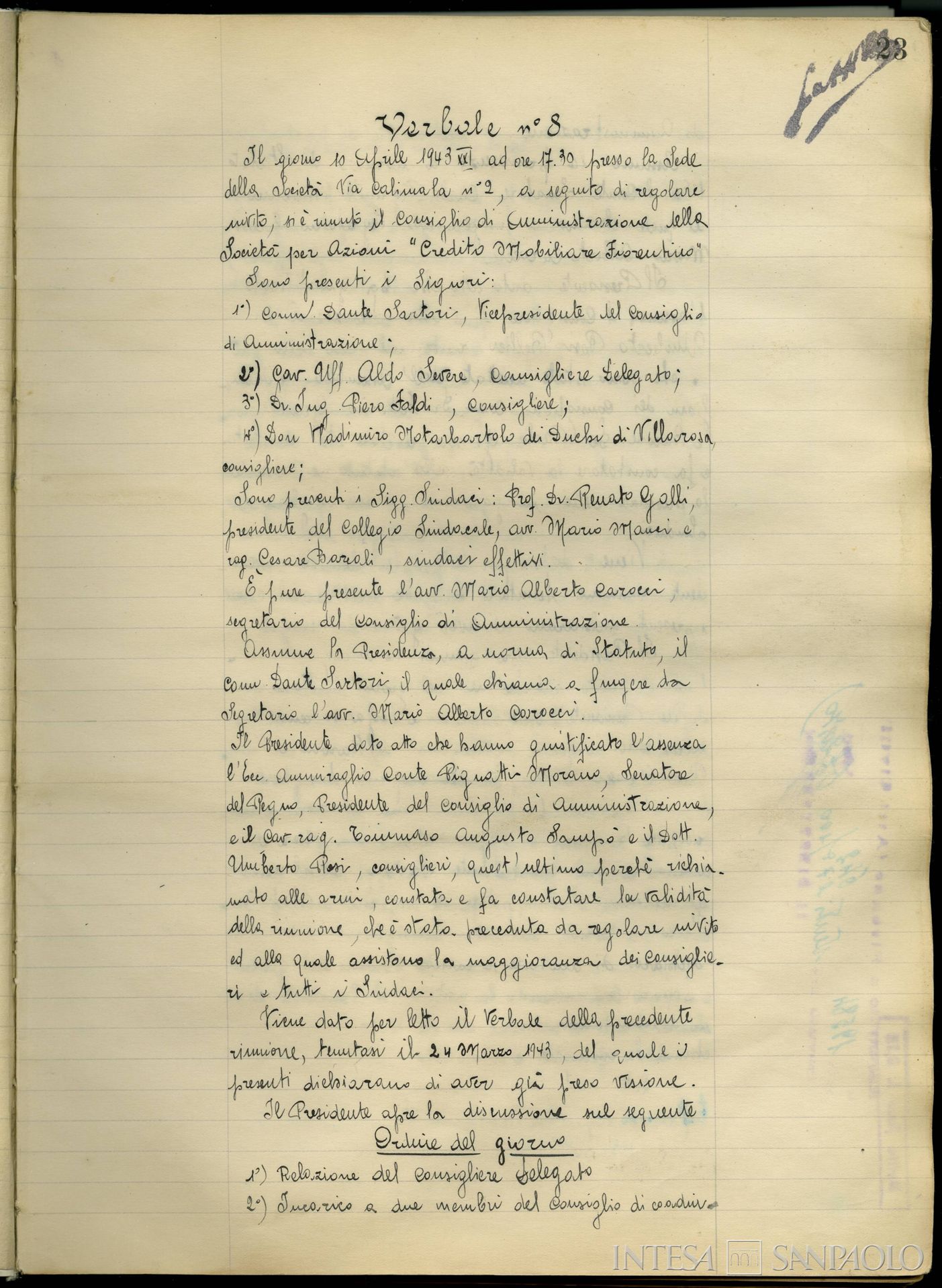 Credito Mobiliare Fiorentino, pagine dei Verbali del Consiglio di Amministrazione, 10 aprile 1943