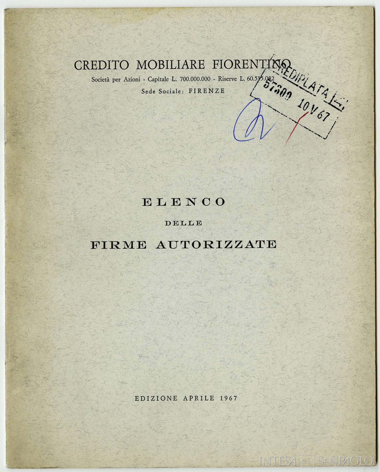 Credito Mobiliare Fiorentino, elenco delle firme autorizzate, 1967