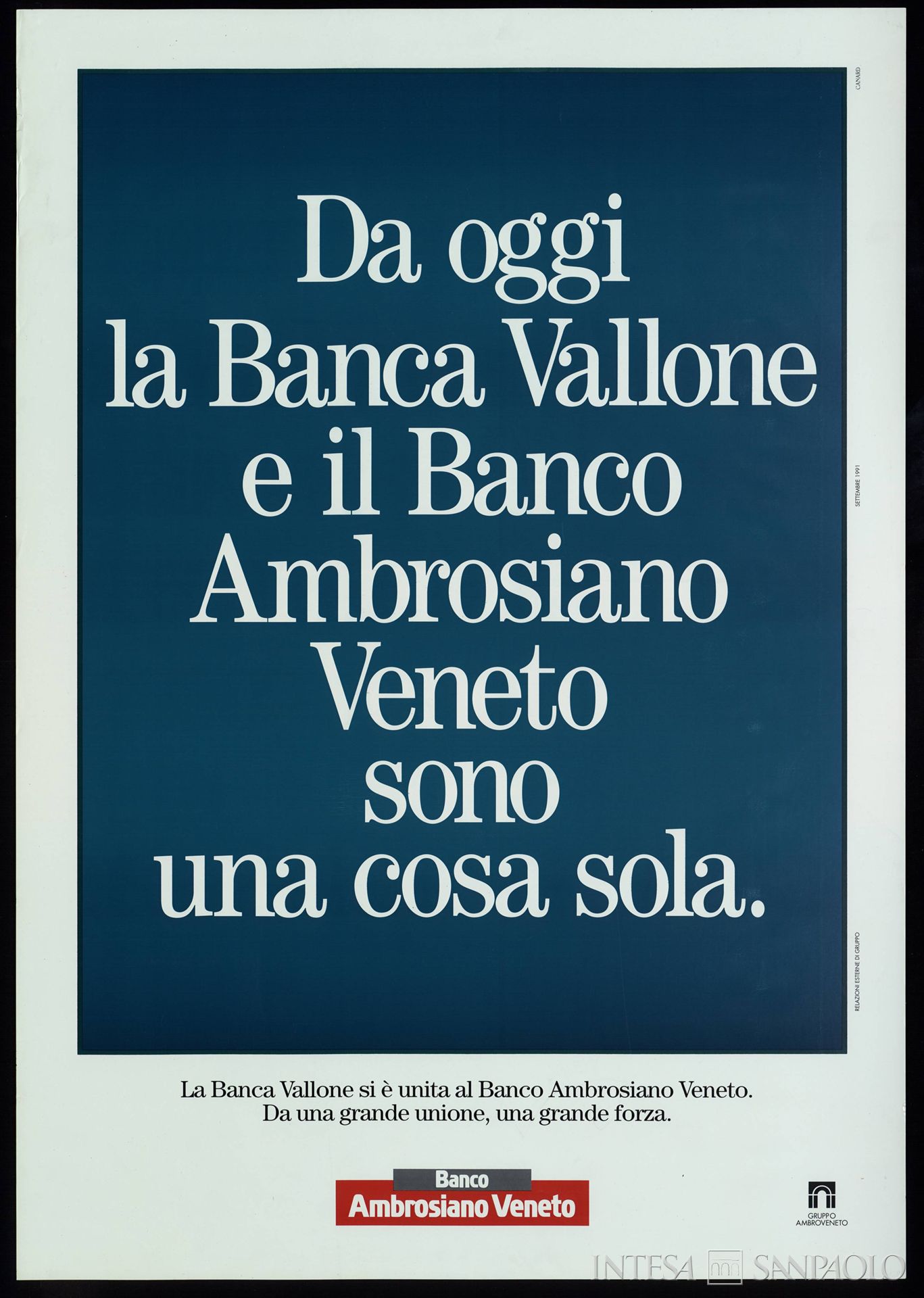 Banca Vallone, manifesto pubblicitario del Banco Ambrosiano Veneto in occasione della fusione con l'istituto, 1991