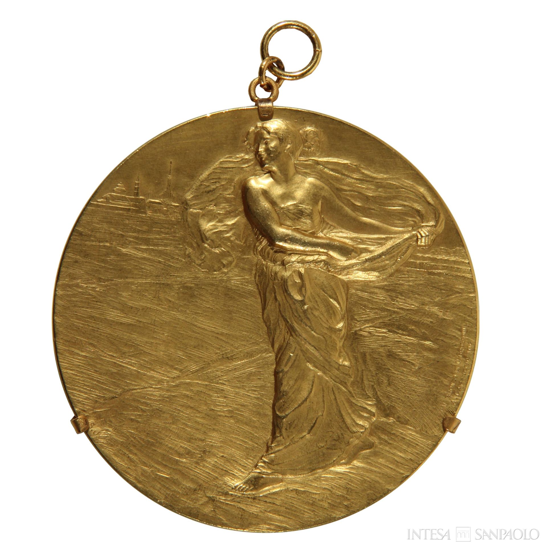 Cassa di Risparmio delle Provincie Lombarde, recto di medaglia omaggio degli impiegati alla Commissione Centrale di Beneficenza per il 75° anniversario dell'Istituto, 1898 (progetto di Orazio Grossoni, incisione di Angelo Cappuccio)