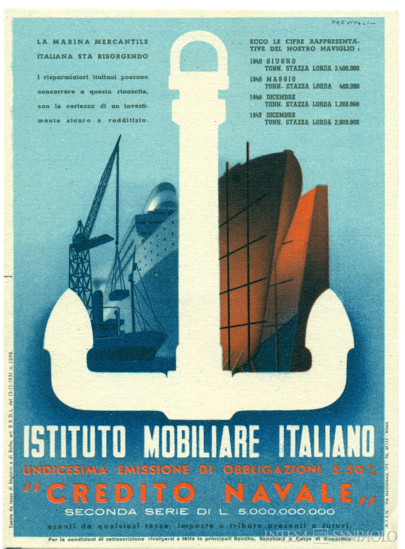Istituto Mobiliare Italiano, cartolina pubblicitaria a cura del Servizio Studi IMI, per l'emissione di obbligazioni del Credito Navale, 1947