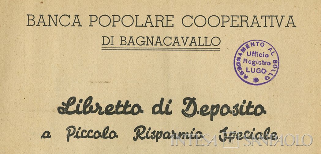Banca Popolare Cooperativa di Bagnacavallo, particolare del frontespizio di un libretto di deposito a piccolo risparmio speciale, 1946