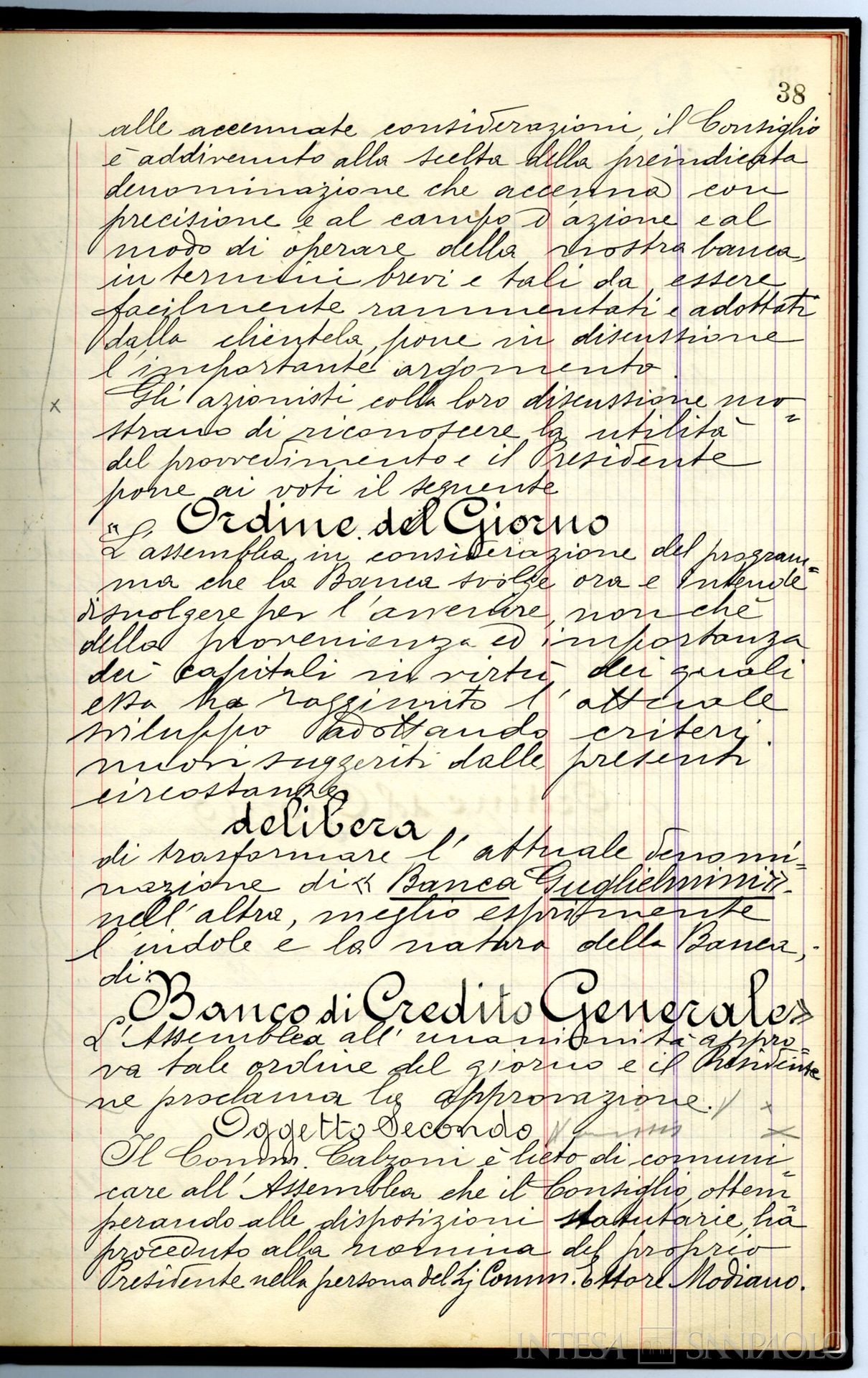 Banca Guglielmini, poi Banco di Credito Generale, pagina del verbale delle Assemblee Generali che delibera la nuova denominazione della banca, 15 luglio 1930