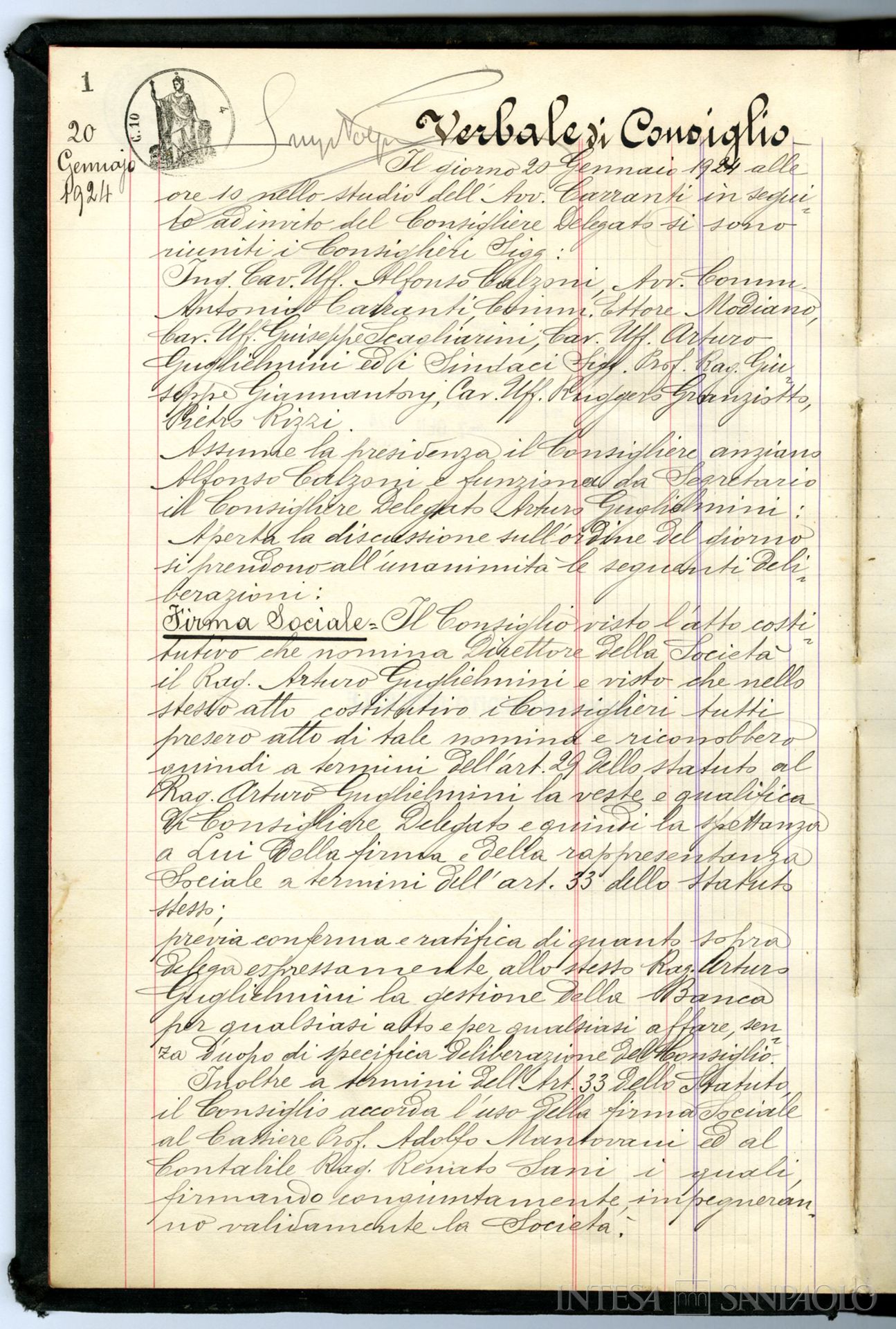 Banca Guglielmini, poi Banco di Credito Generale, pagina del verbale in cui gli Amministratori attribuiscono ad Arturo Guglielmini la firma e rappresentanza sociale della Banca Guglielmini, 20 gennaio 1924