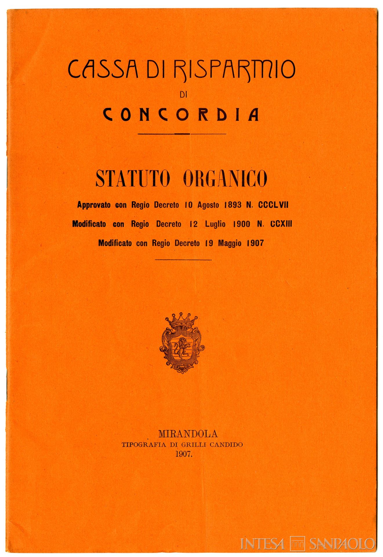 Cassa di Risparmio di Concordia, frontespizio dello statuto, 1907