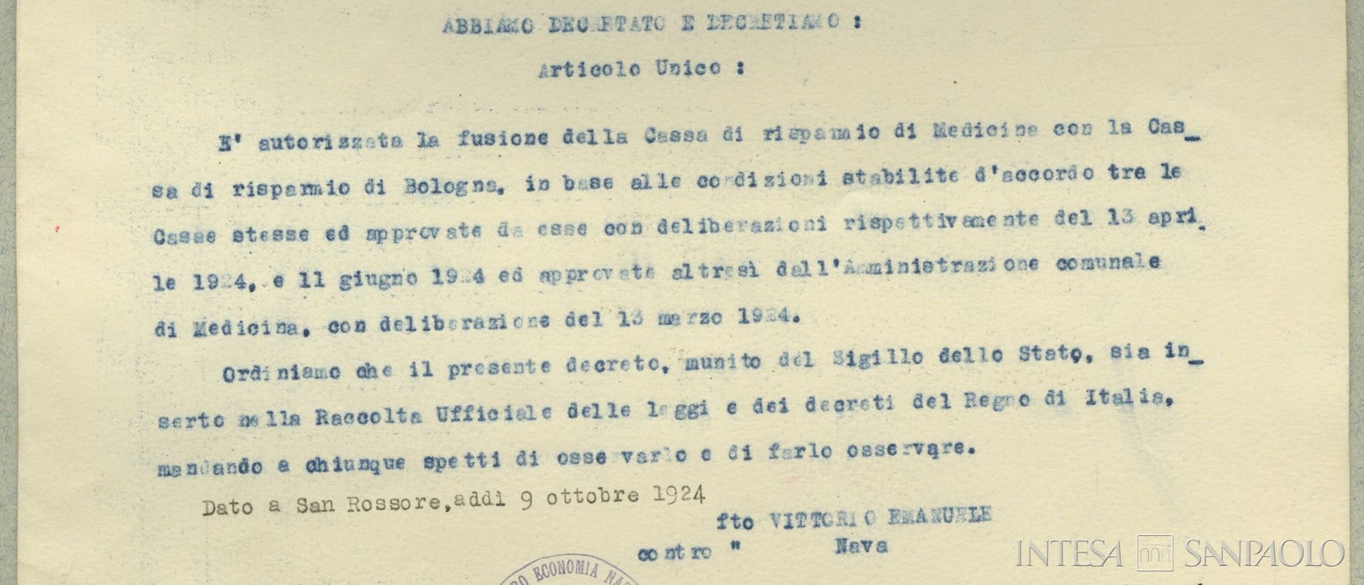 Cassa di Risparmio di Medicina, dettaglio del decreto di fusione con la Cassa di Risparmio in Bologna, 9 ottobre 1924