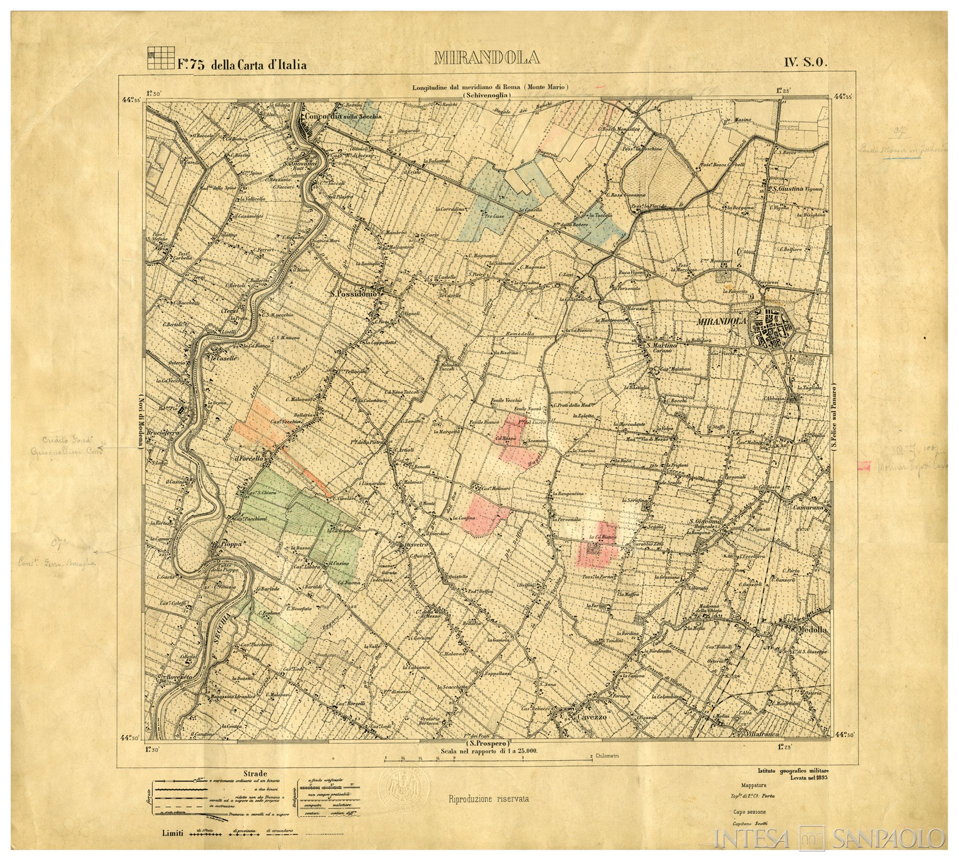 Cassa di Risparmio di Mirandola, mappa della città, 1893 (Porta, Scotti)