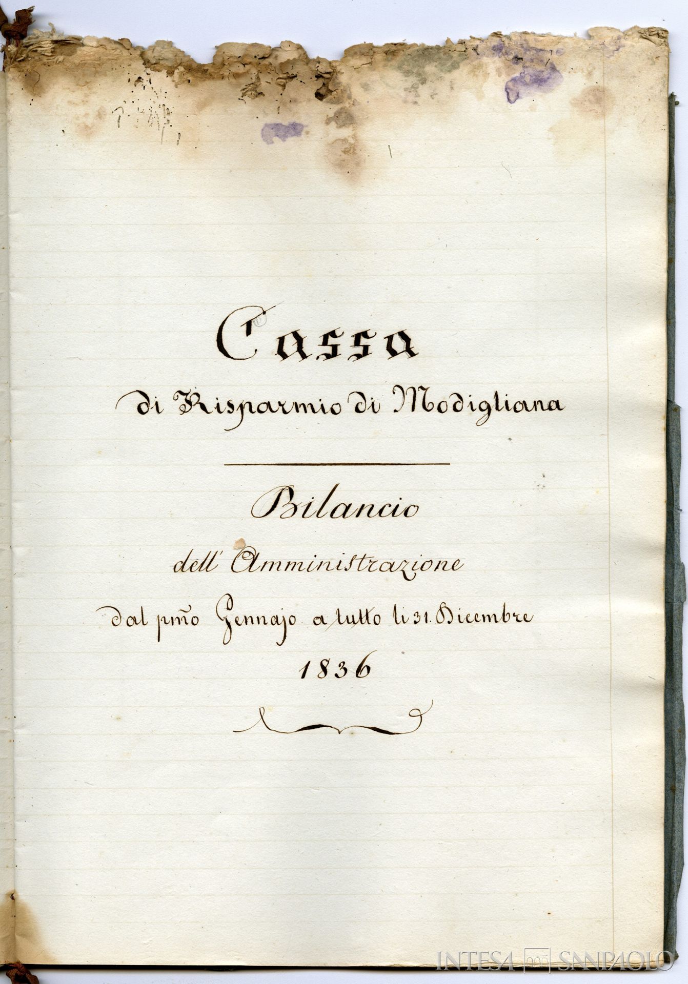 Cassa di Risparmi e Depositi di Modigliana, frontespizio del bilancio del 1836