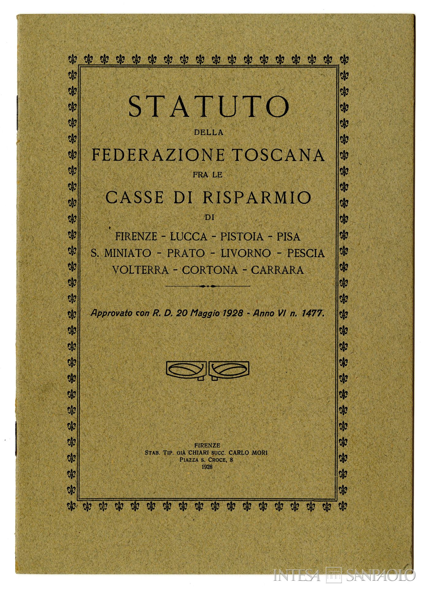 Cassa di Risparmio di Cortona, statuto della Federazione Toscana delle Casse di Risparmio tra cui l'Istituto di Cortona, 1928