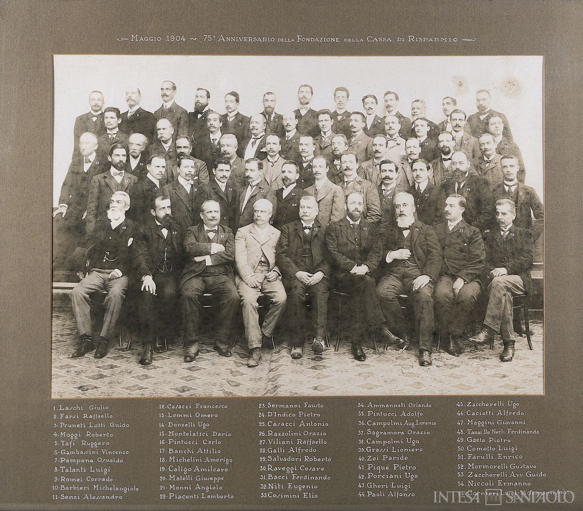 Cassa di Risparmio di Firenze, il personale della sede centrale in occasione del 75° anniversario di fondazione, maggio 1904 (fotografo sconosciuto)