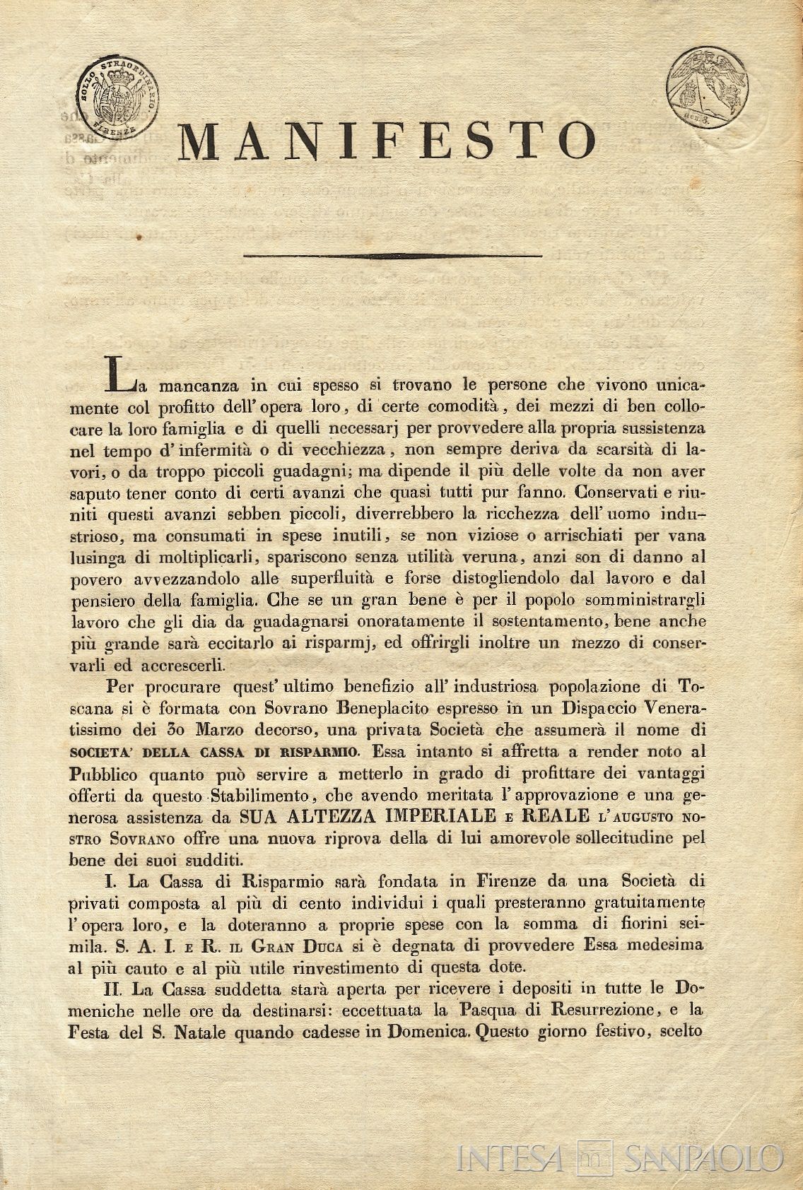 Cassa di Risparmio di Firenze, manifesto sulla fondazione della Società Cassa di risparmio il 30 marzo 1829, documento datato 23 aprile 1829 e firmato da Cosimo Ridolfi