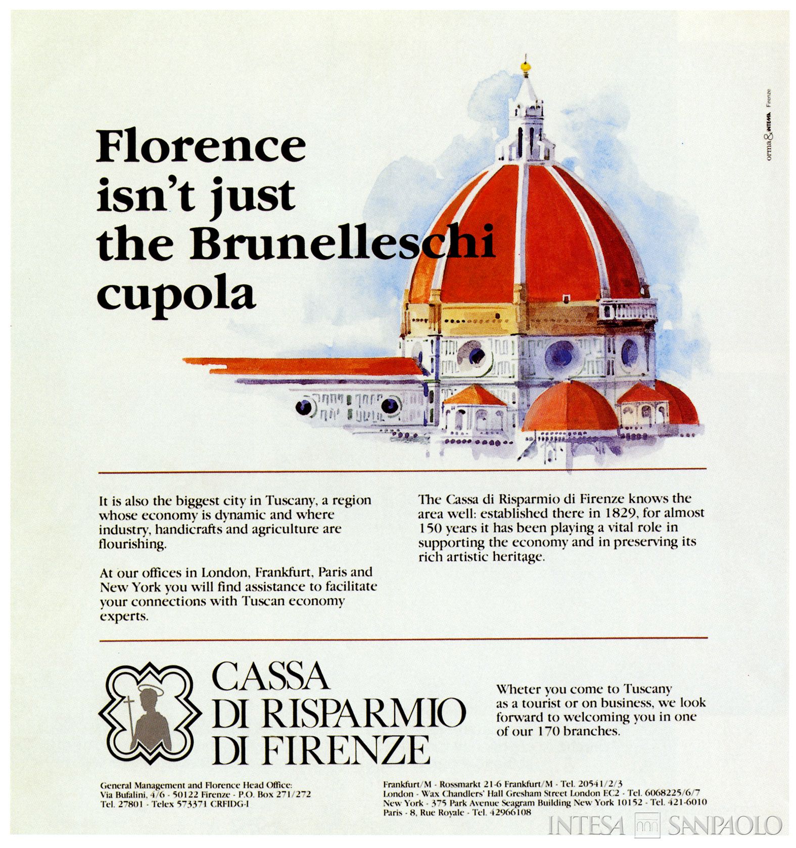 Cassa di Risparmio di Firenze, pubblicità istituzionale del 1985 circa, dell'Agenzia Orma & Intema, tratta dalla pubblicazione Le Opere e i Giorni, 1999