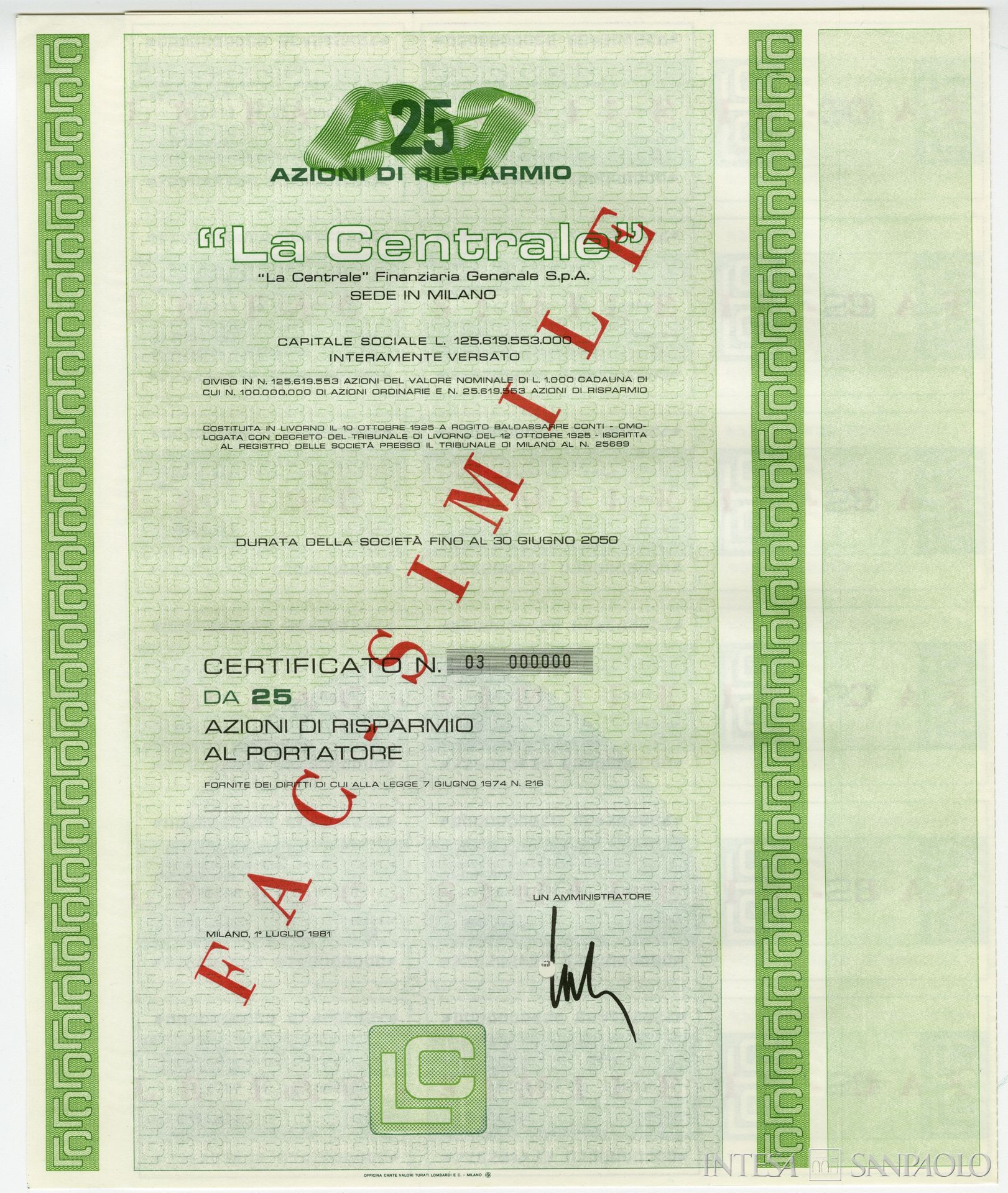 La Centrale, facsimile di un certificato azionario da 23 azioni, 1981