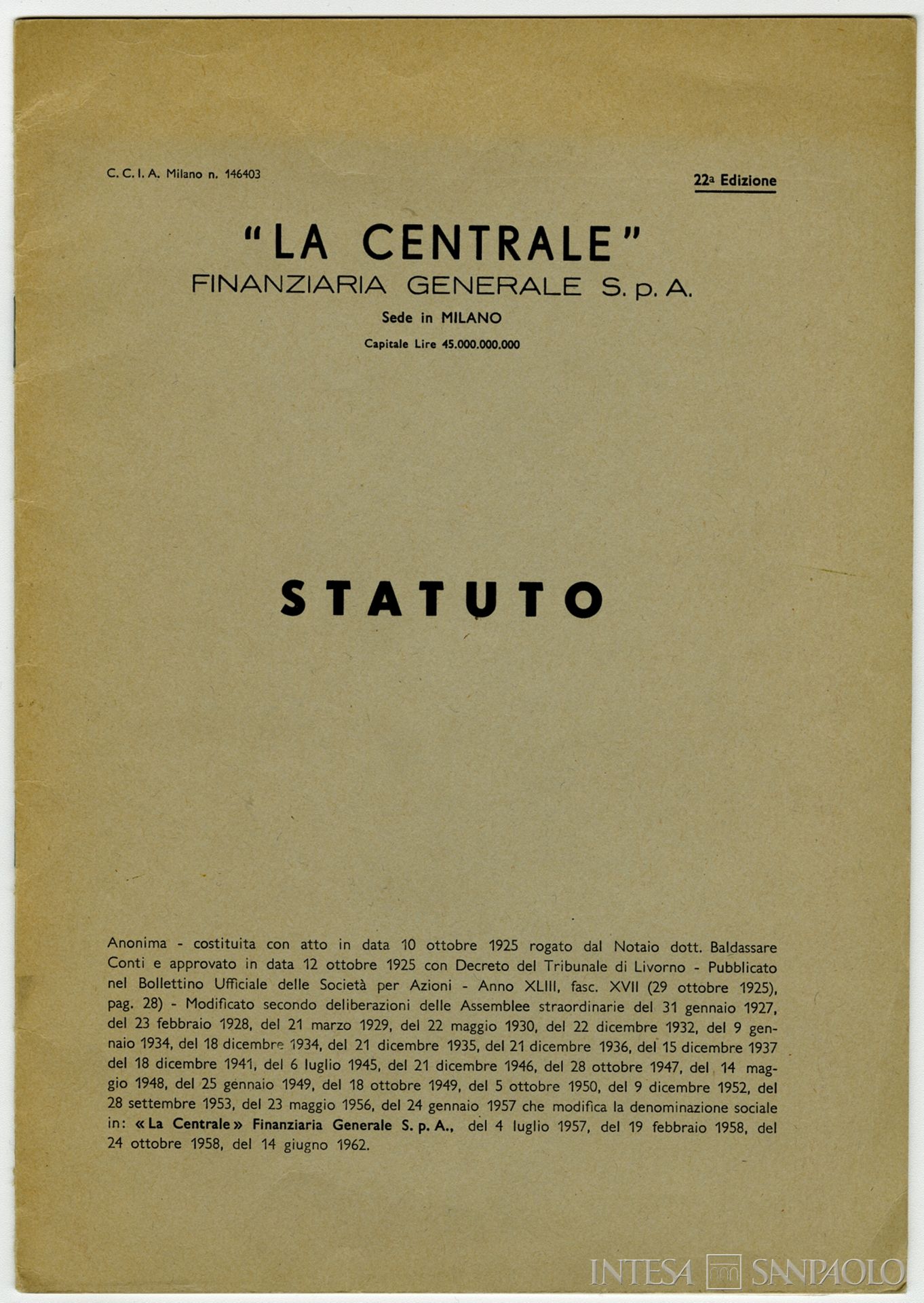 La Centrale, copertina dello statuto, 22a edizione, 1962