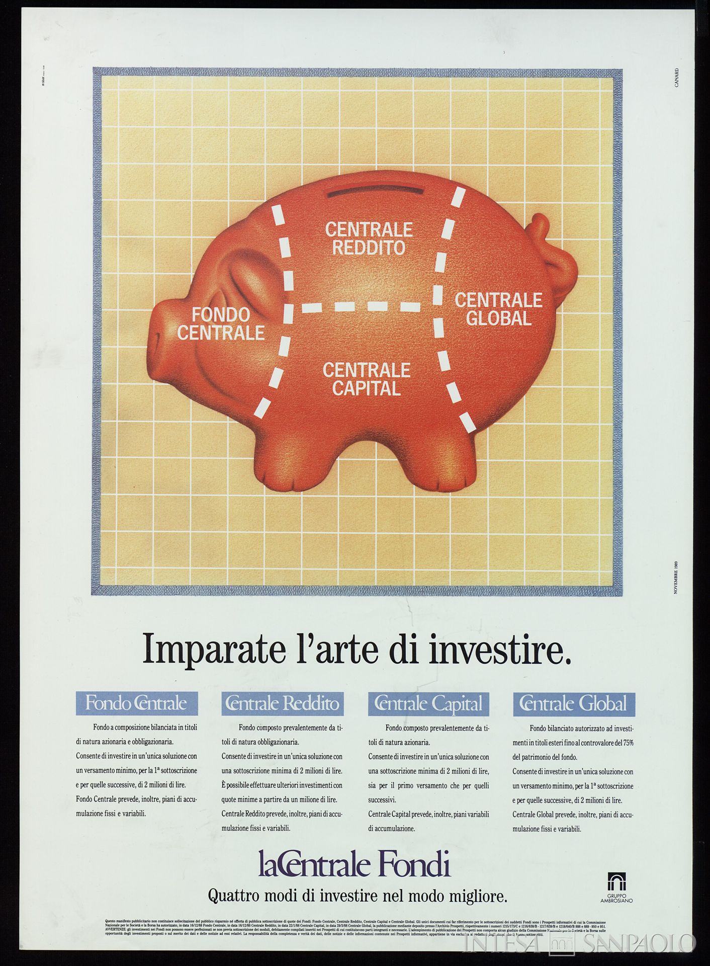 La Centrale Fondi - Gruppo Ambrosiano, pubblicità Imparate l'arte di investire, 1989 (grafica di Canard)