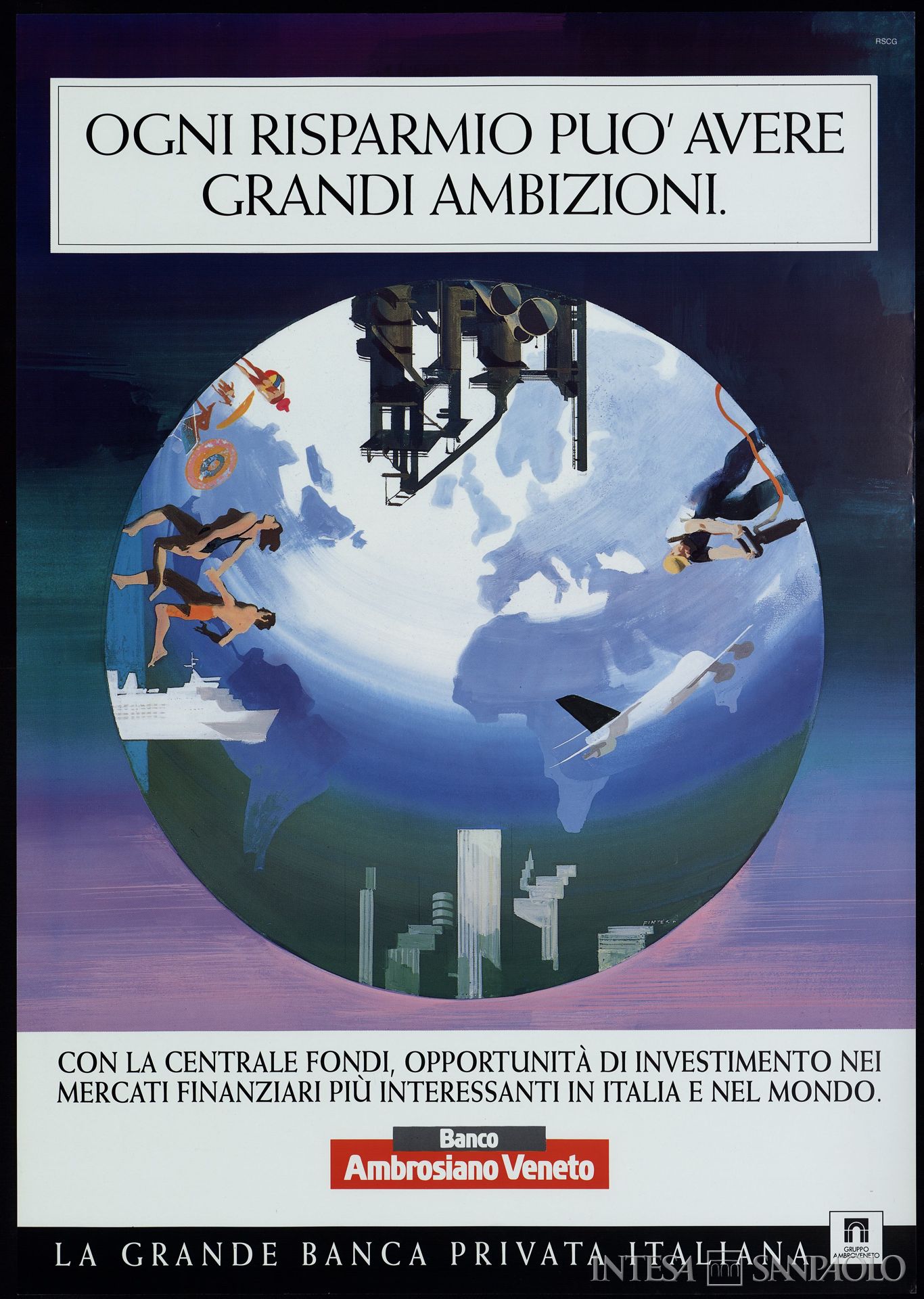 Banco Ambrosiano Veneto - La Centrale Fondi - Gruppo Ambrosiano, pubblicità Ogni risparmio può avere grandi ambizioni, 1993 (illustrazione di Ferenc Pintér)