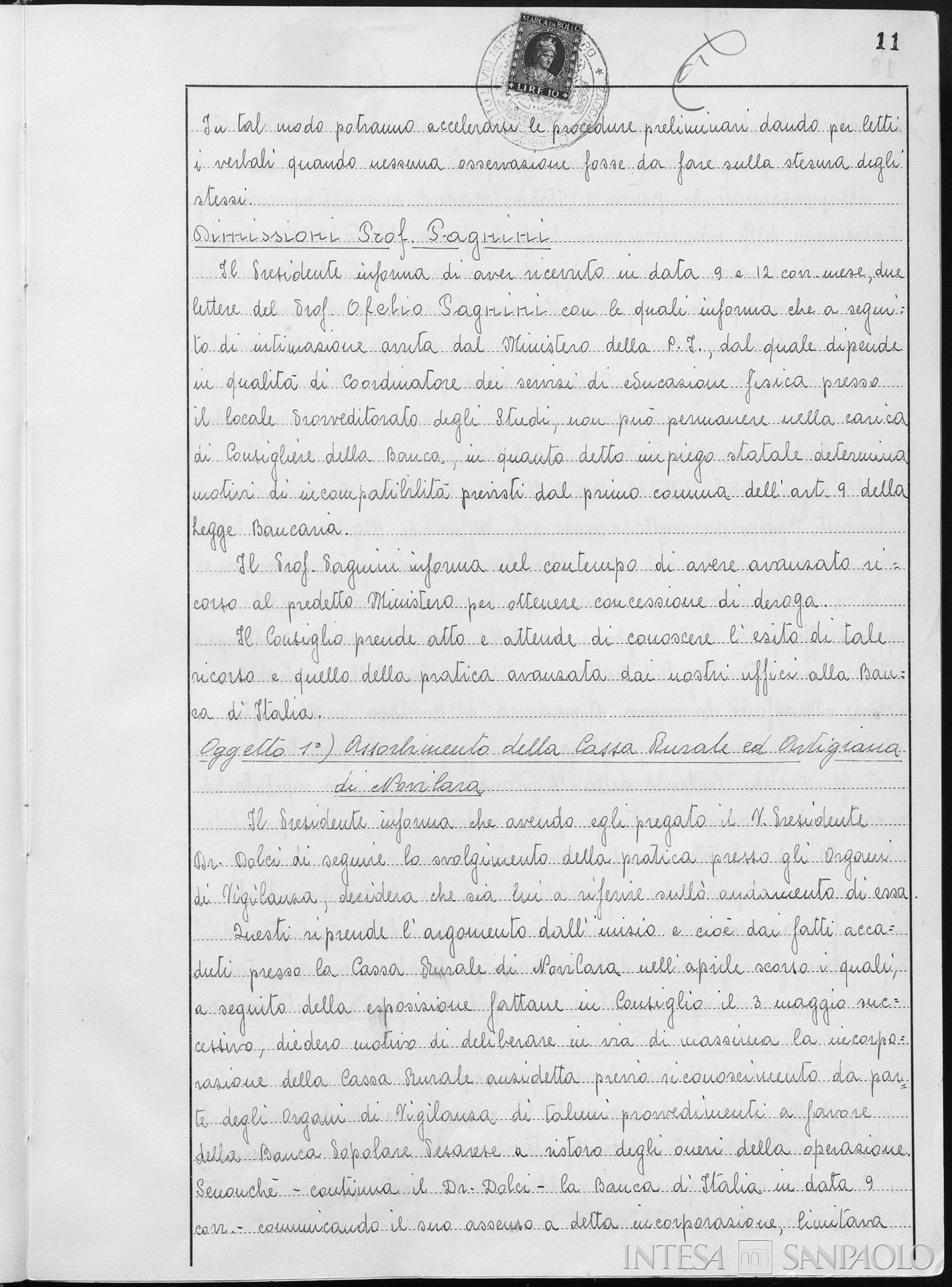 Cassa Rurale e Artigiana di Novilara, pagina estratta dai Verbali del Consiglio di Amministrazione della Banca Popolare Pesarese dove si delibera l'incorporazione dell'istituto, 21 giugno 1967