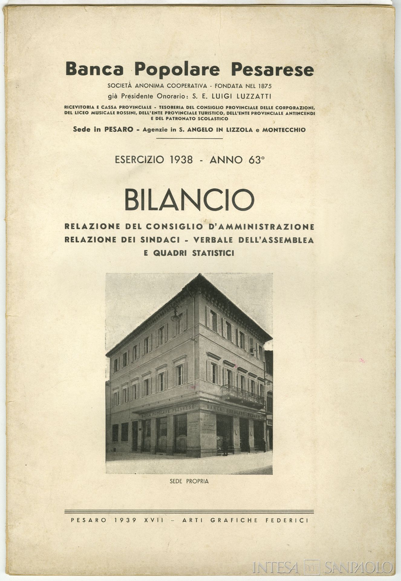Banca Popolare Pesarese, frontespizio della pubblicazione dedicata al bilancio dell'esercizio 1938, 1939