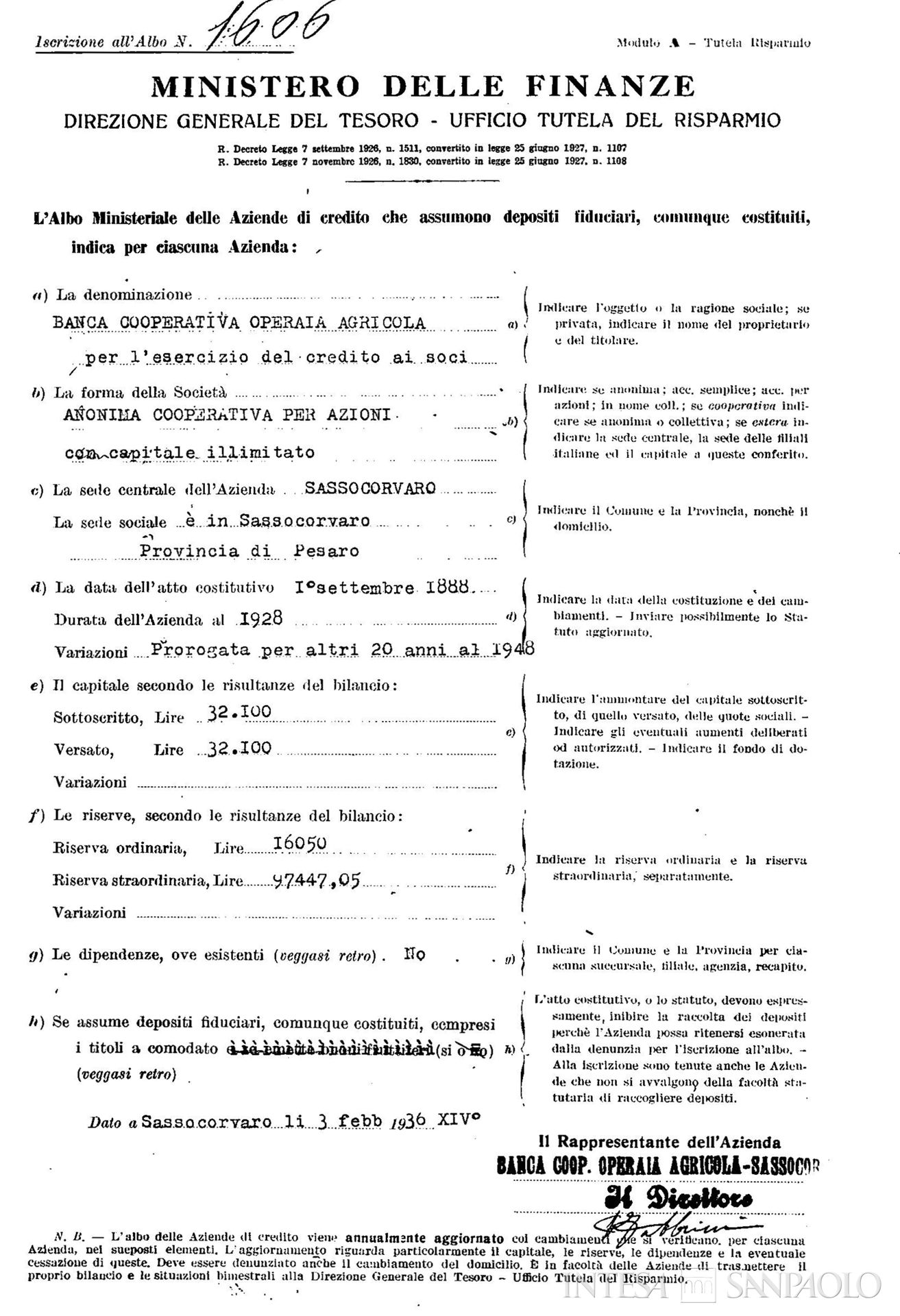 Banca Cooperativa Operaia e Agricola di Sassocorvaro, modulo del Ministero delle Finanza compilato con i dati dell'azienda, 13 febbraio 1936 (Roma, Archivio Storico Banca d'Italia, Ispettorato del Credito)