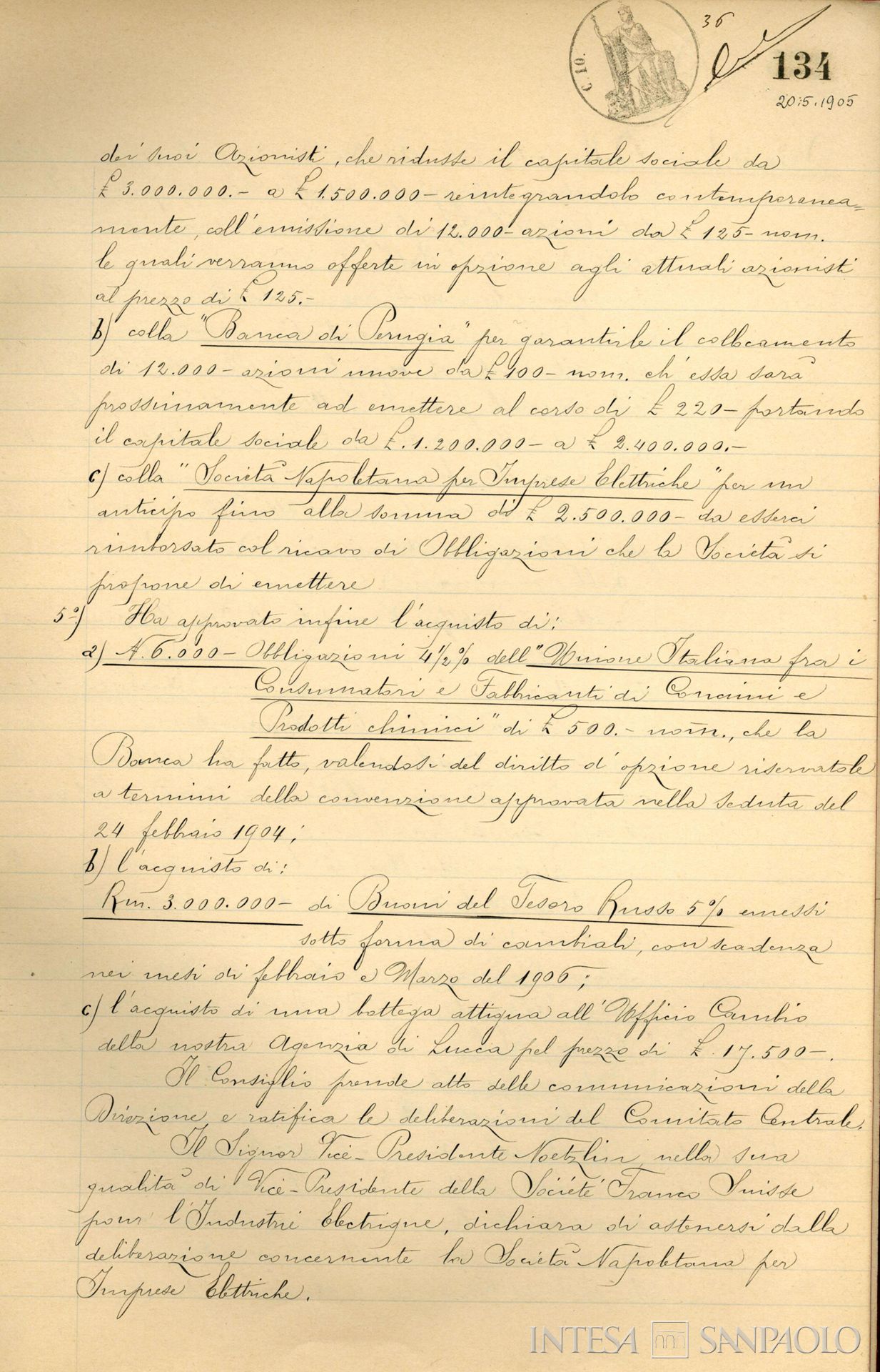 Banca di Perugia, pagina del Verbale del Consiglio di Amministrazione della Banca Commerciale Italiana relativo ad operatività con la banca umbra, 20 maggio 1905