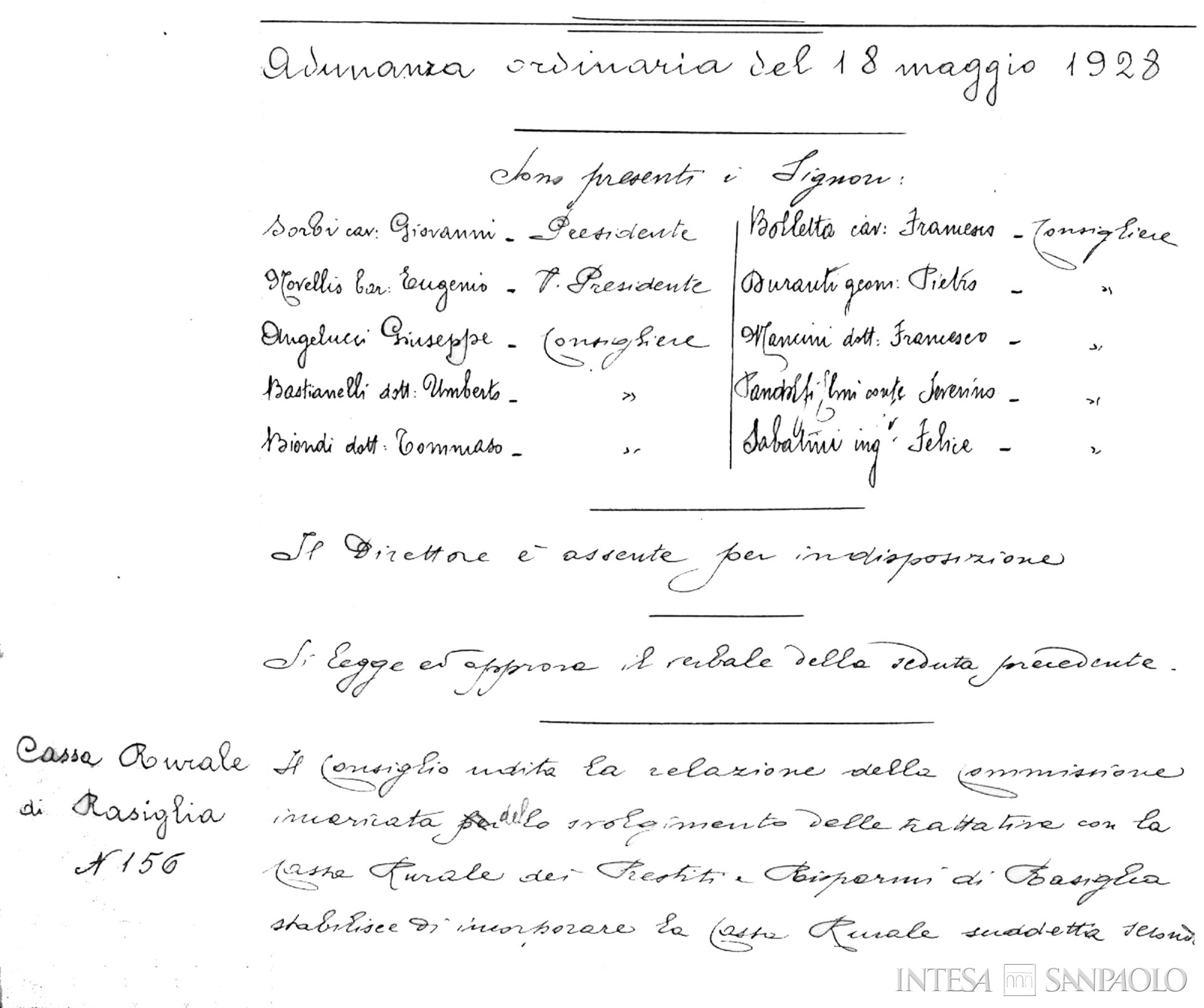 Cassa Rurale dei Prestiti e Risparmi di Rasiglia, estratto dai Verbali del Consiglio di Amministrazione, 18 maggio 1928
