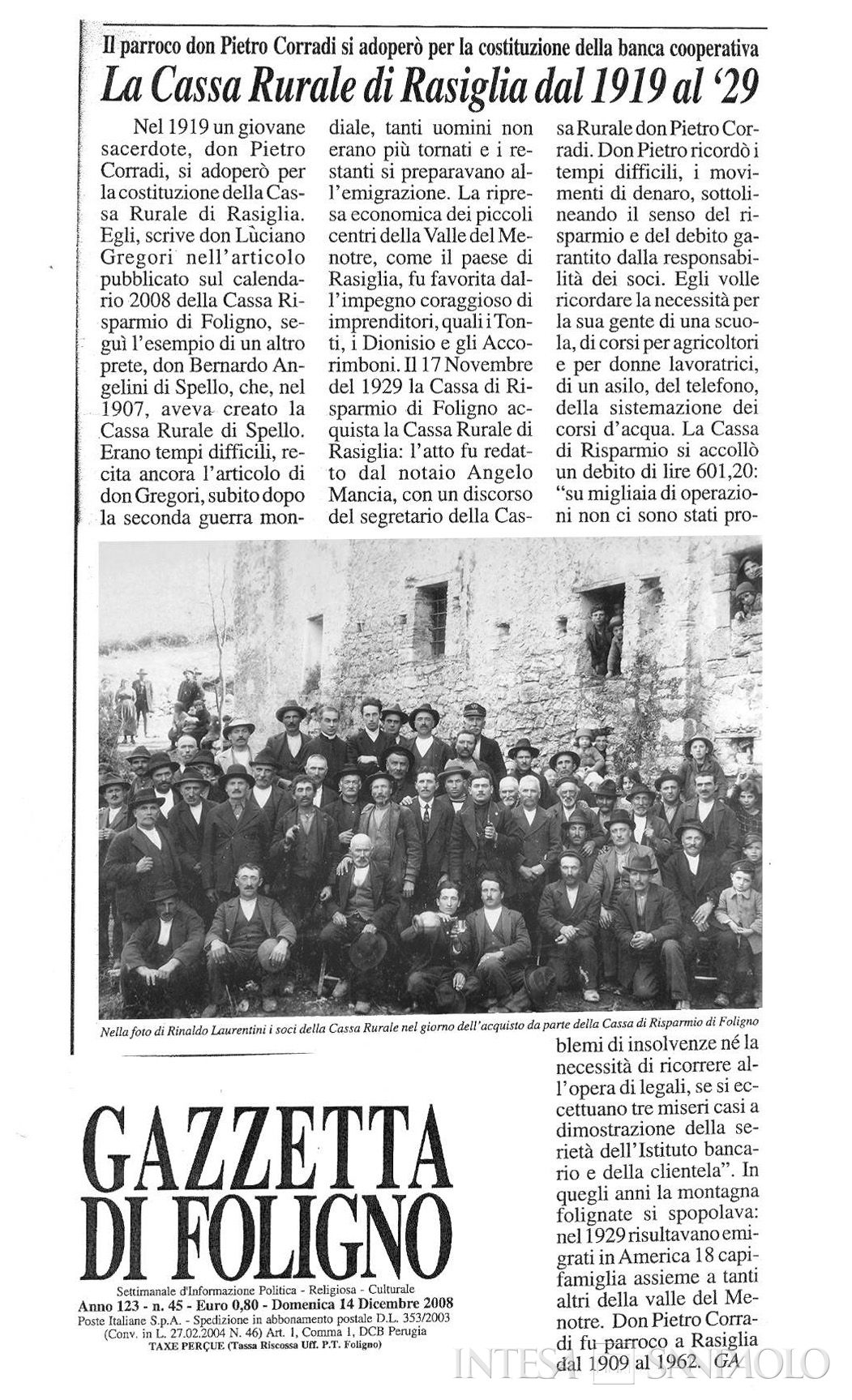 Cassa Rurale dei Prestiti e Risparmi di Rasiglia, articolo tratta da la Gazzetta di Foligno, relativo alla costituzione dell'istituto ad opera di Don Pietro Corradi, 14 dicembre 2008
