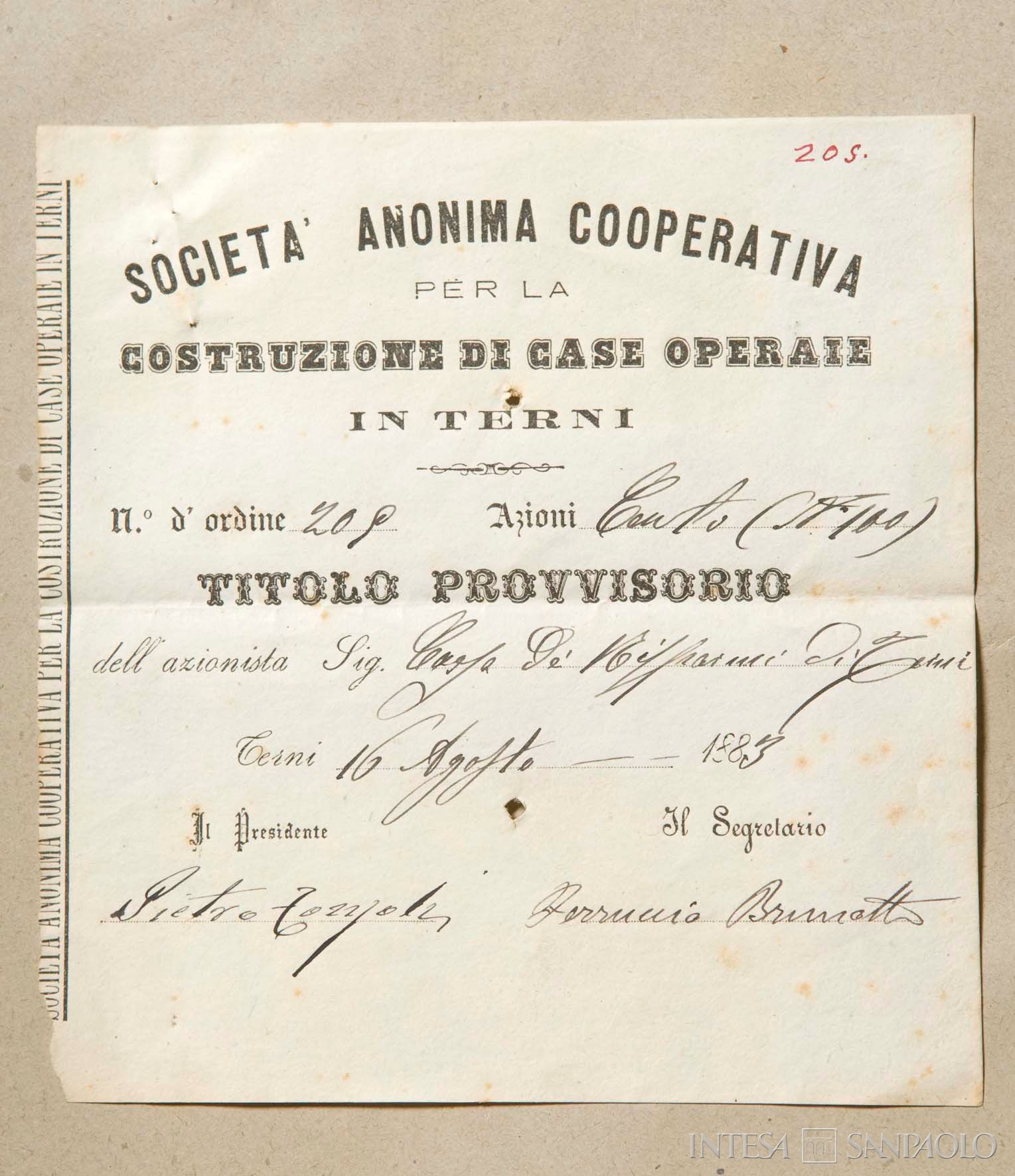 Cassa di Risparmio di Terni, ricevuta di acquisto di cento azioni della Società Anonima Cooperativa per la costruzione di case operaie in Terni, 16 agosto 1883 (Fondazione Cassa di Risparmio di Terni e Narni)