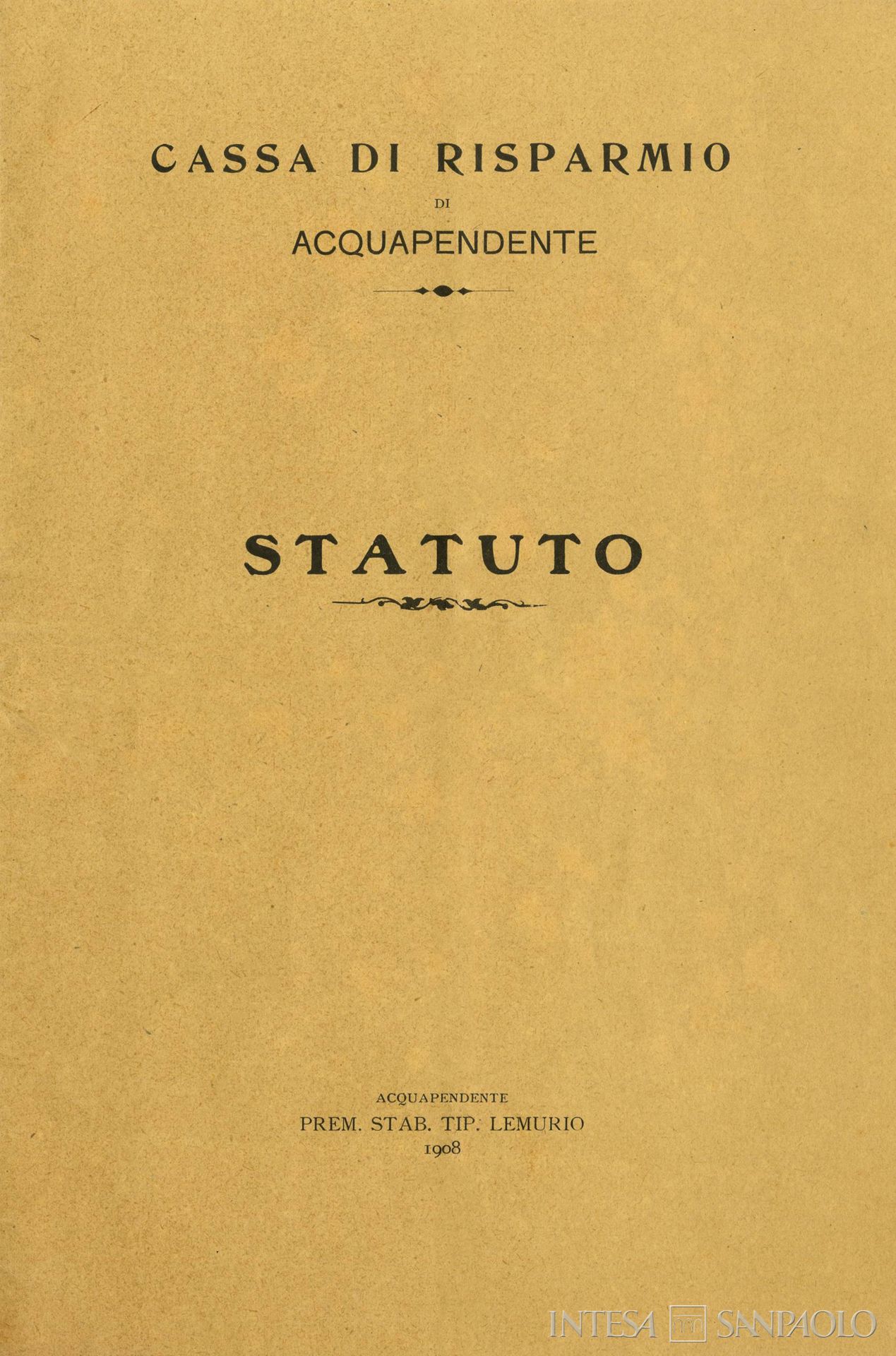 Cassa di Risparmio di Acquapendente, frontespizio dello Statuto, 1908