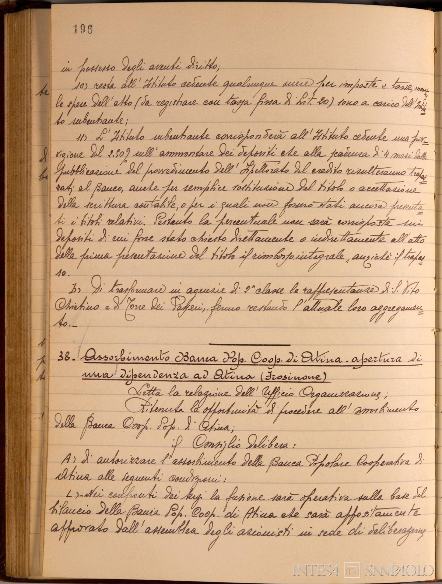 Banco di Napoli, Verbali del Consiglio di Amministrazione, delibera n. 38 relativa all'assorbimento della Banca Popolare Cooperativa di Atina e all'apertura di una dipendenza ad Atina, 19 giugno 1940 (Archivio Storico del Banco di Napoli)