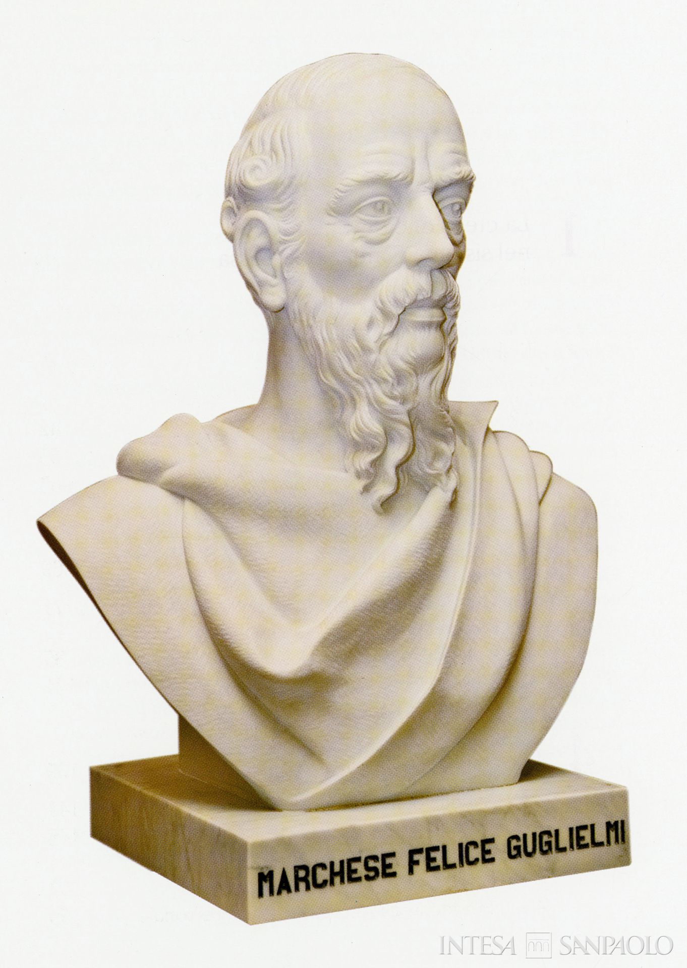 Cassa di Risparmio di Civitavecchia, busto in marmo di Felice Guglielmi realizzato nel 1984 dagli scultori Cacciatori di Pietrasanta, riproduzione fotografica tratta da La Cassa di Risparmio di Civitavecchia nel 150° anniversario della fondazione. 1847-1997, 1997 (fotografo sconosciuto)