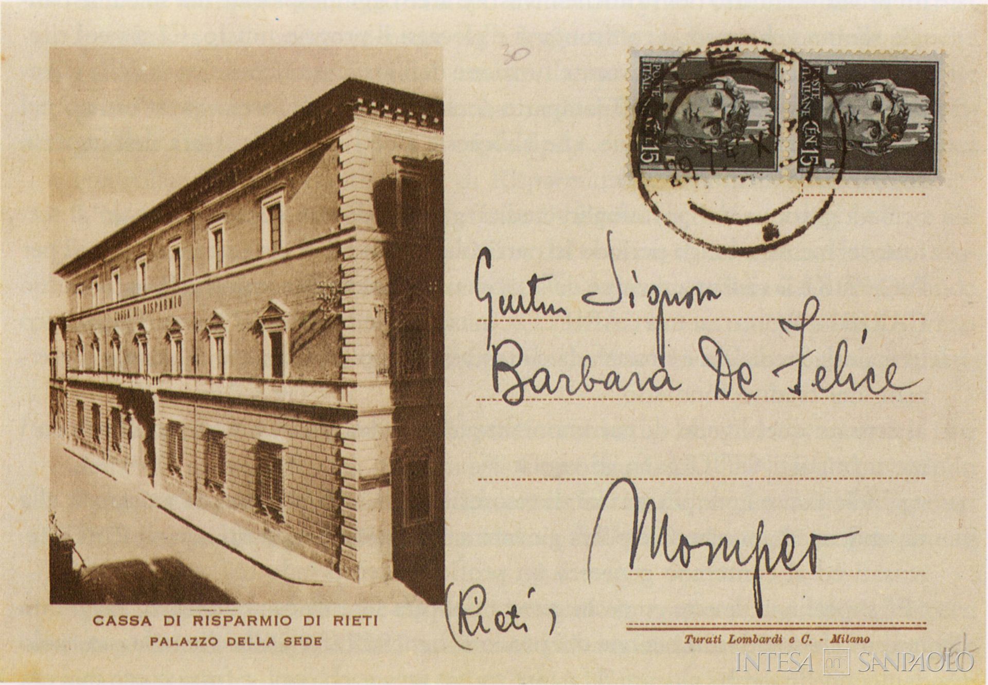 Cassa di Risparmio di Rieti, cartolina postale con la fotografia della sede datata 1949, tratta da Cassa di Risparmio di Rieti. 150° della fondazione, 1996 (fotografo sconosciuto)