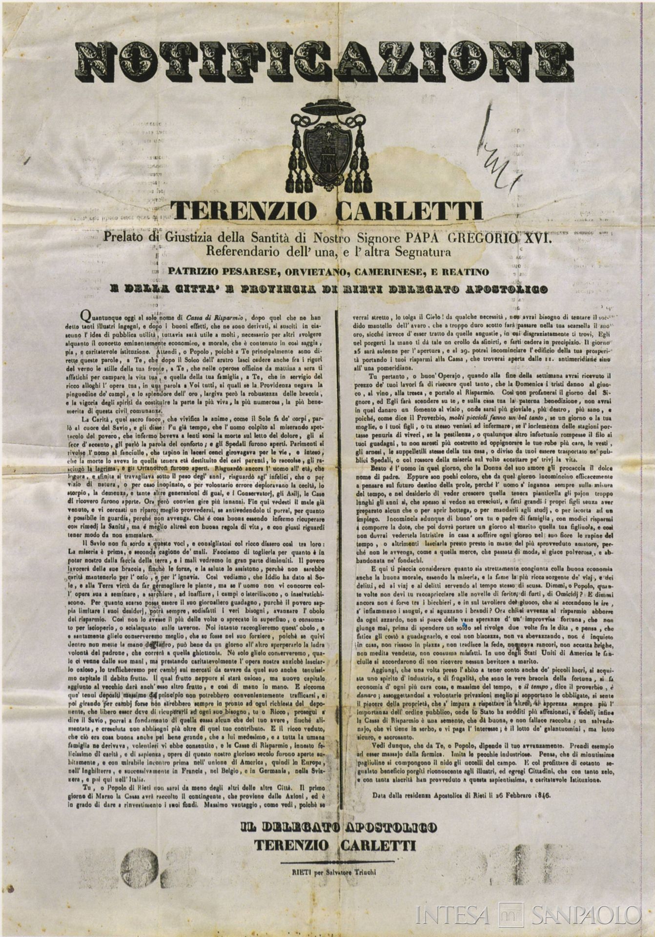 Cassa di Risparmio di Rieti, notificazione di Terenzio Carletti sulla fondazione dell'Istituto, documento del 1846 tratto da Cassa di Risparmio di Rieti. 150° della fondazione, 1996