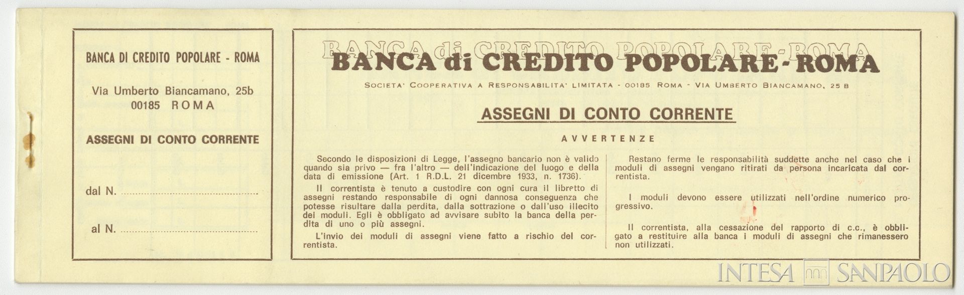 Banca di Credito Popolare di Roma, libretto degli assegni, anni Ottanta