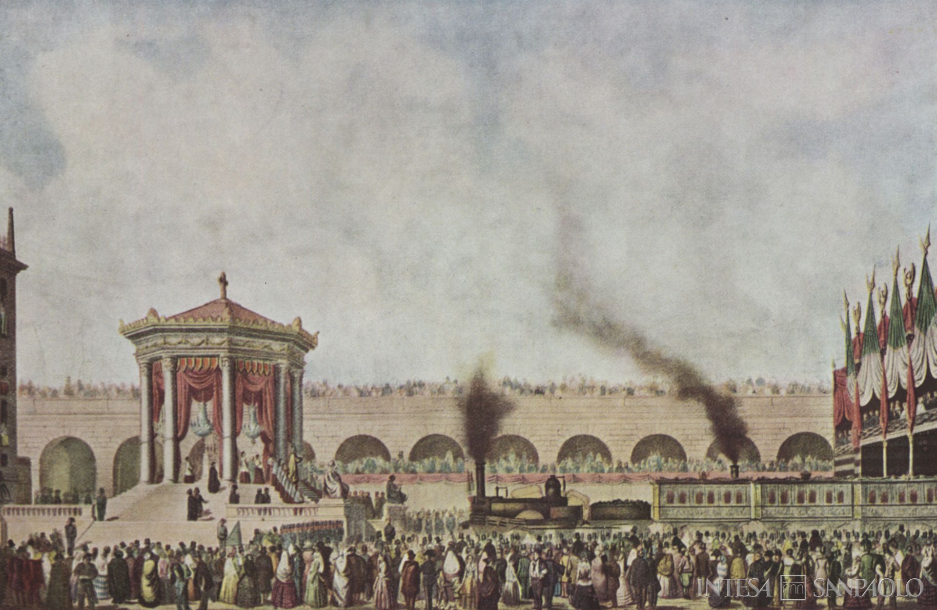 Banca Nazionale delle Comunicazioni, inaugurazione della ferrovia Genova-Torino, stampa datata 1854 tratta da Aspetti dell'Ottocento ferroviario italiano, 1958 (artista sconosciuto)