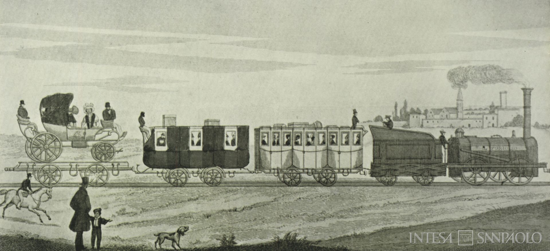 Banca Nazionale delle Comunicazioni, inaugurazione della ferrovia Napoli-Portici, stampa datato 1839 tratta da Aspetti dell'Ottocento ferroviario italiano, 1958 (artista sconosciuto)