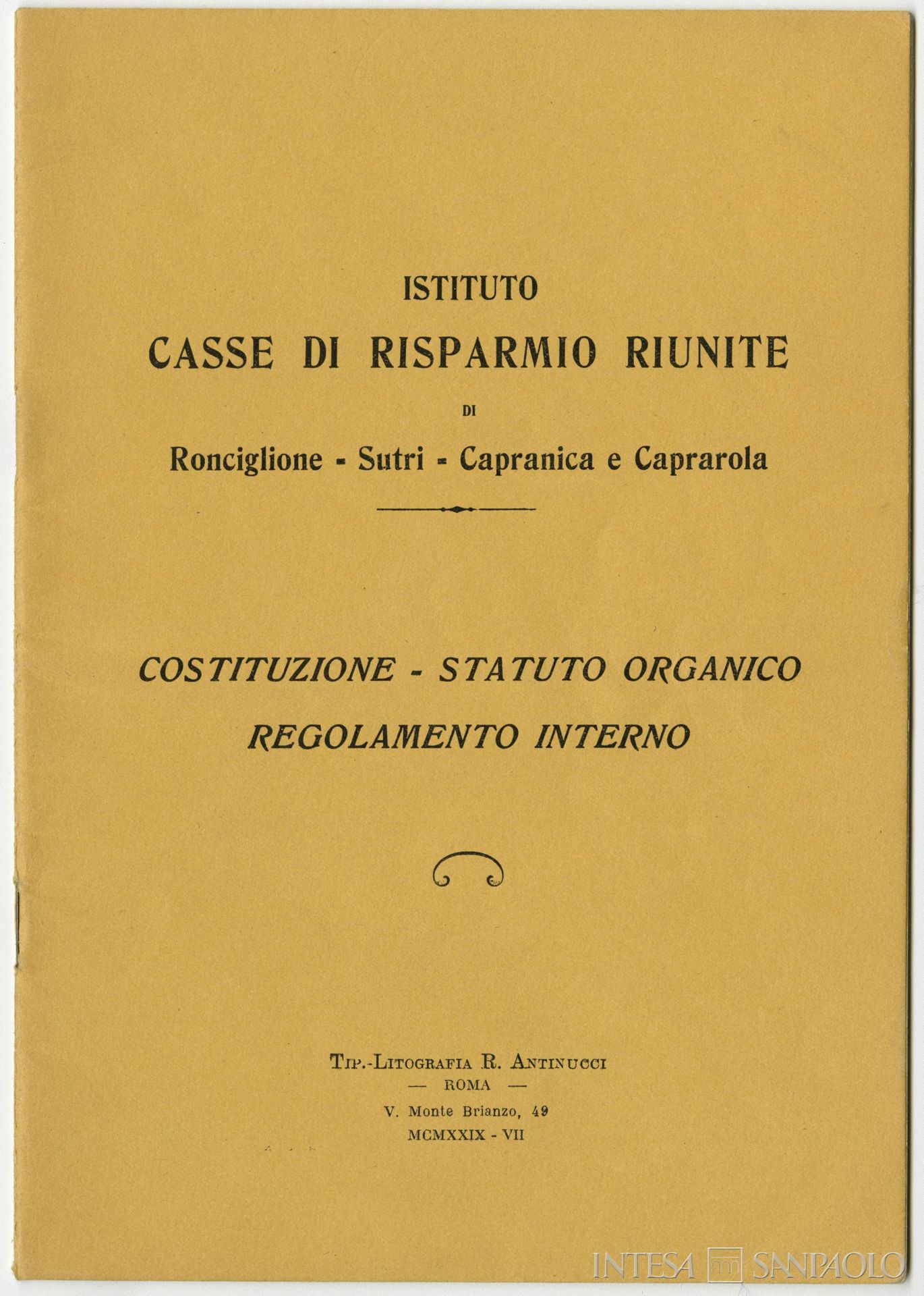 Casse di Risparmio Riunite di Ronciglione, Sutri, Capranica e Caprarola, copertina della costituzione, statuto e regolamento interno, 1929