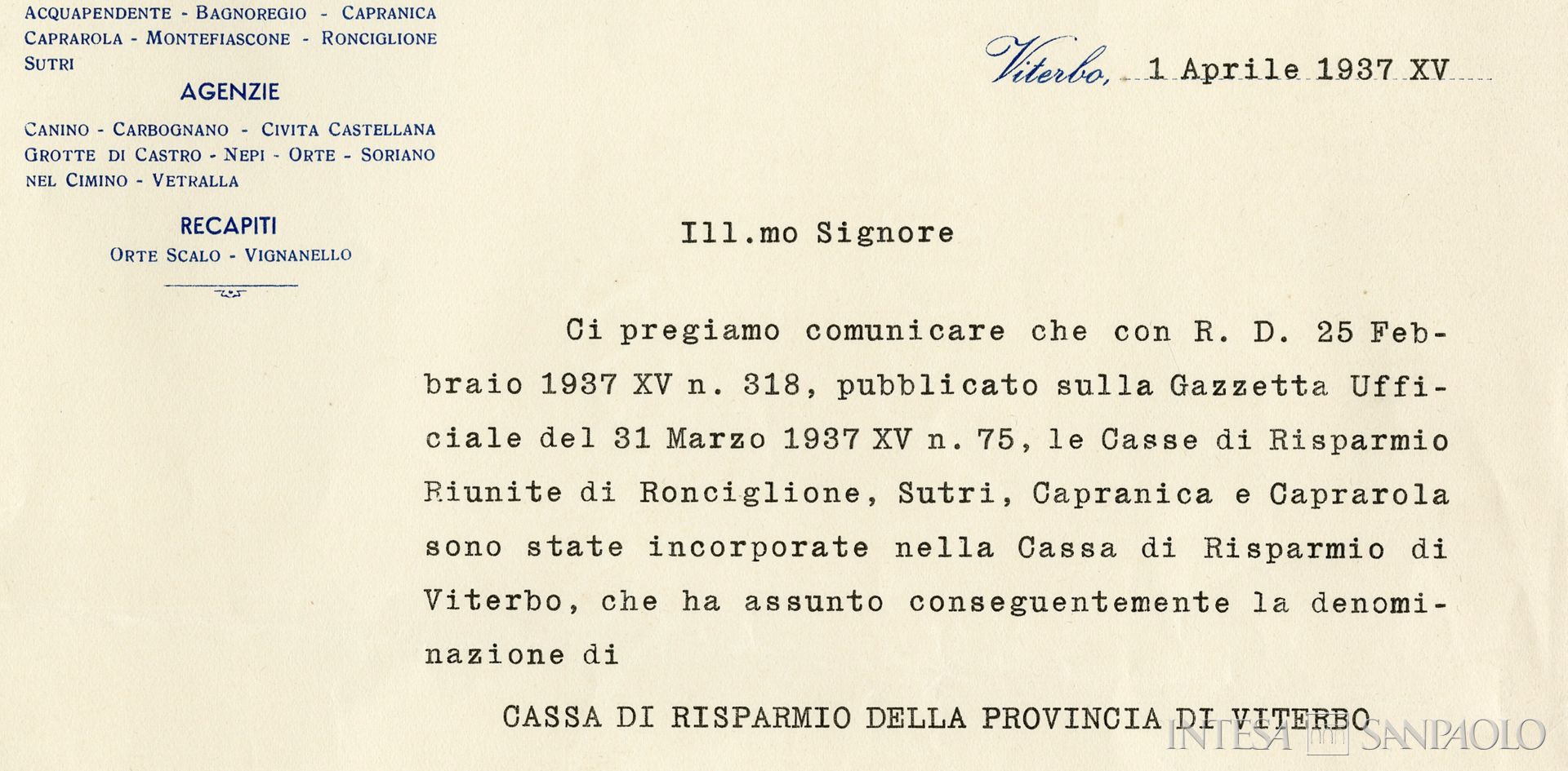 Casse di Risparmio Riunite di Ronciglione, Sutri, Capranica e Caprarola, dettaglio della lettera del Presidente Gaetano Tirasacchi che ne comunica l'incorporazione nella Cassa di Risparmio della Provincia di Viterbo, 1 aprile 1937
