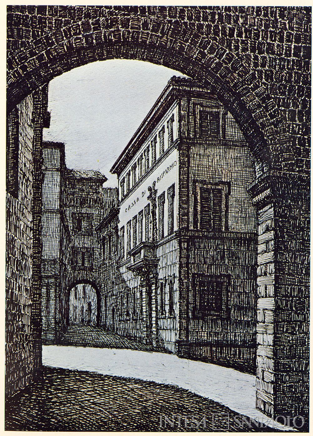 Cassa di Risparmio della Provincia di Viterbo, sede presso Palazzo Pagliacci-Sacchi, illustrazione tratta da 125 anni di esercizio, 1980