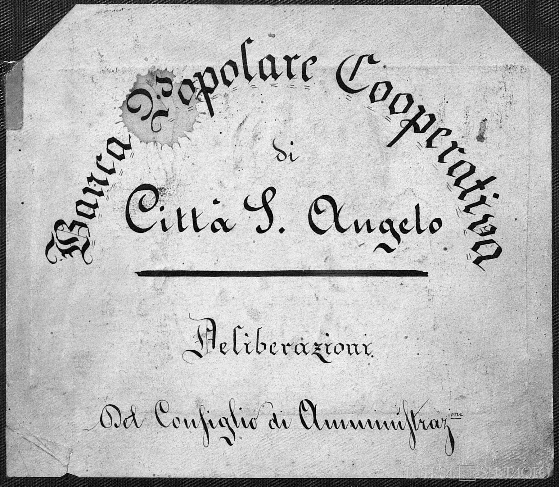 Banca Popolare Cooperativa di Città Sant'Angelo, dettaglio del frontespizio del primo libro dei Verbali del Consiglio di Amministrazione, 1884-1890