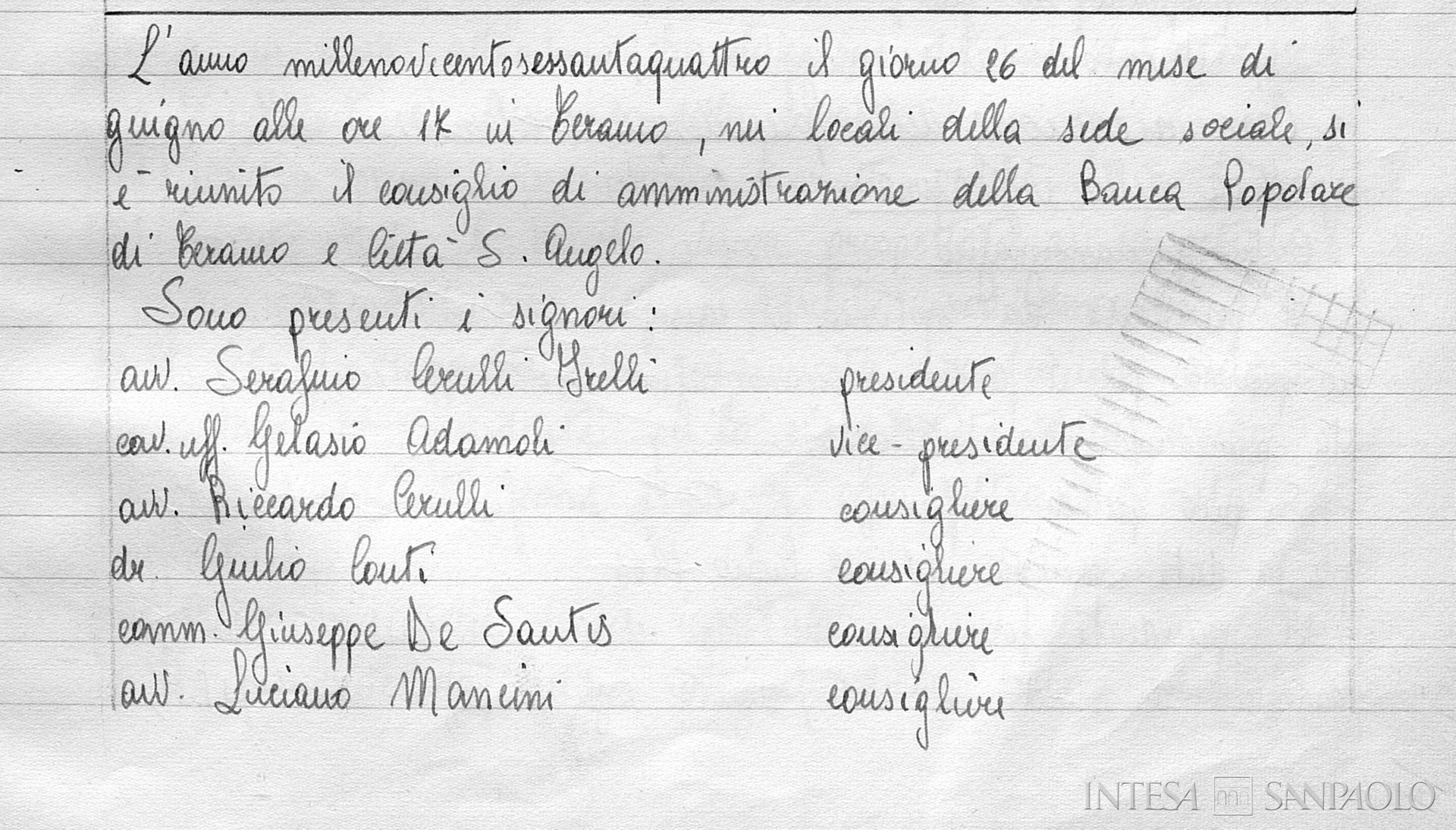 Banca Popolare di Teramo e Città Sant'Angelo, dettaglio di una pagina dei verbali del Consiglio di Amministrazione, 16 giugno 1964