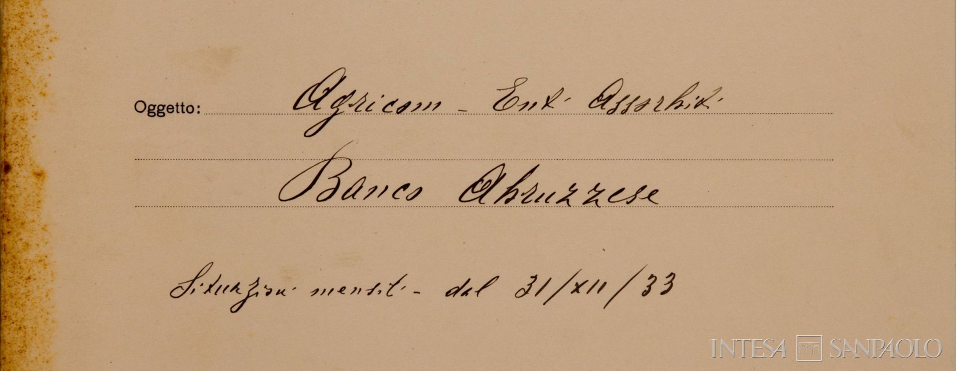 Dettaglio del frontespizio di una cartella Agricom relativa al Banco Abruzzese quale ente assorbito, 1933 (Archivio Storico del Banco di Napoli)