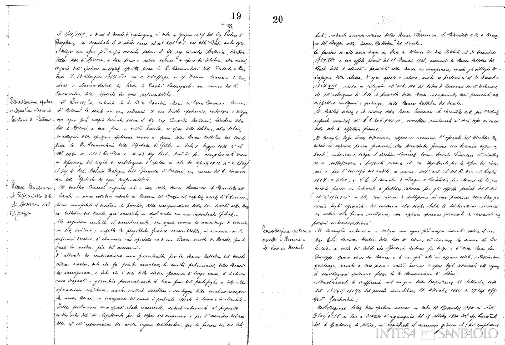 Banca Bassanese A. Girardello & C., pagine estratte dai Verbali del Consiglio di Amministrazione della Banca Cattolica del Veneto, dove si delibera l'incorporazione dell'istituto, 29 novembre 1937