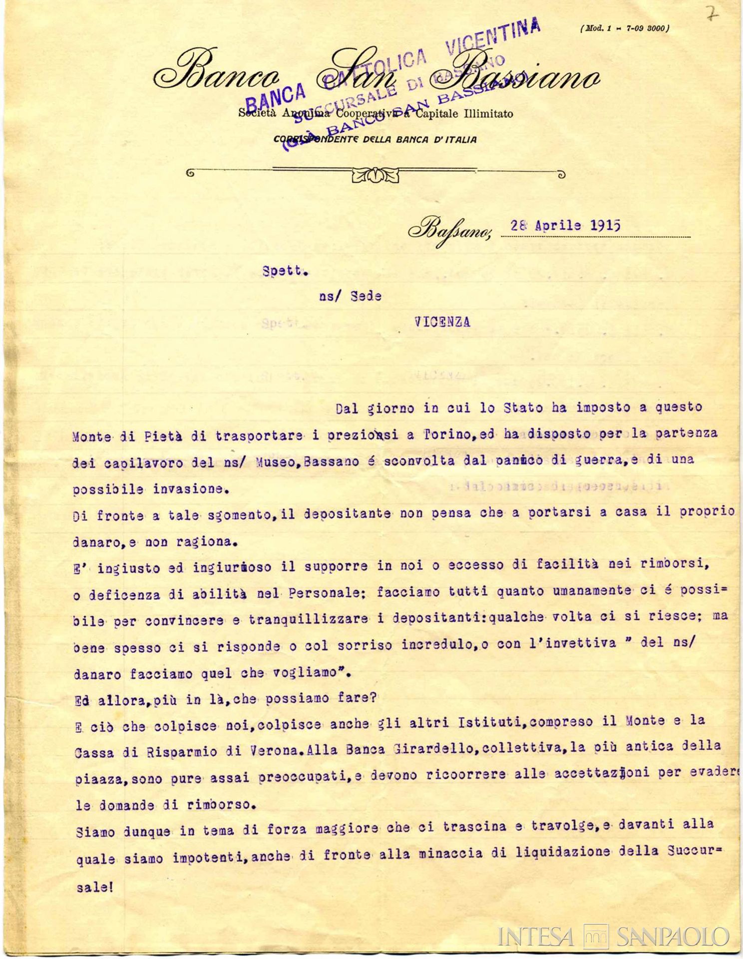 Banco San Bassiano, lettera del direttore della succursale di Bassano Pietro Busnardo al direttore della Banca Cattolica del Veneto Nicola Bevilacqua, 28 aprile 1915