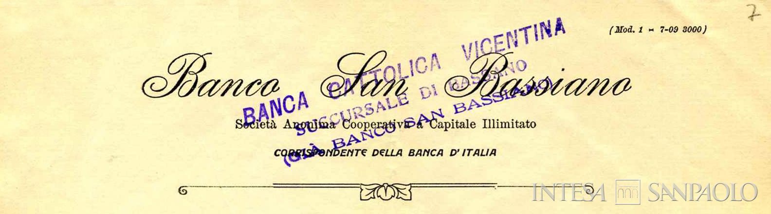 Banco San Bassiano, intestazione della lettera del direttore della succursale di Bassano Pietro Busnardo al direttore della Banca Cattolica del Veneto Nicola Bevilacqua, 28 aprile 1915