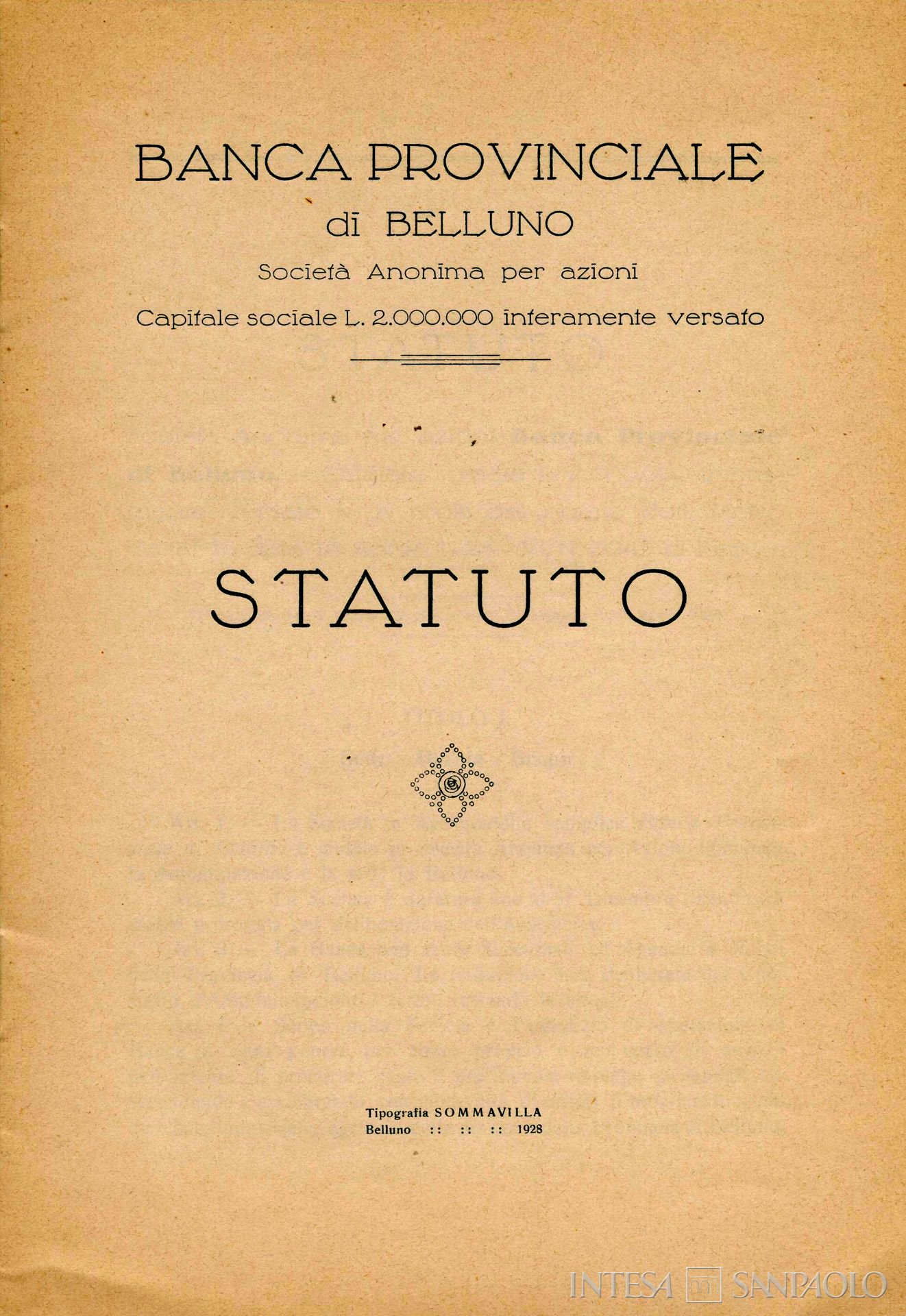 Banca Provinciale di Belluno, frontespizio dello statuto, 1928