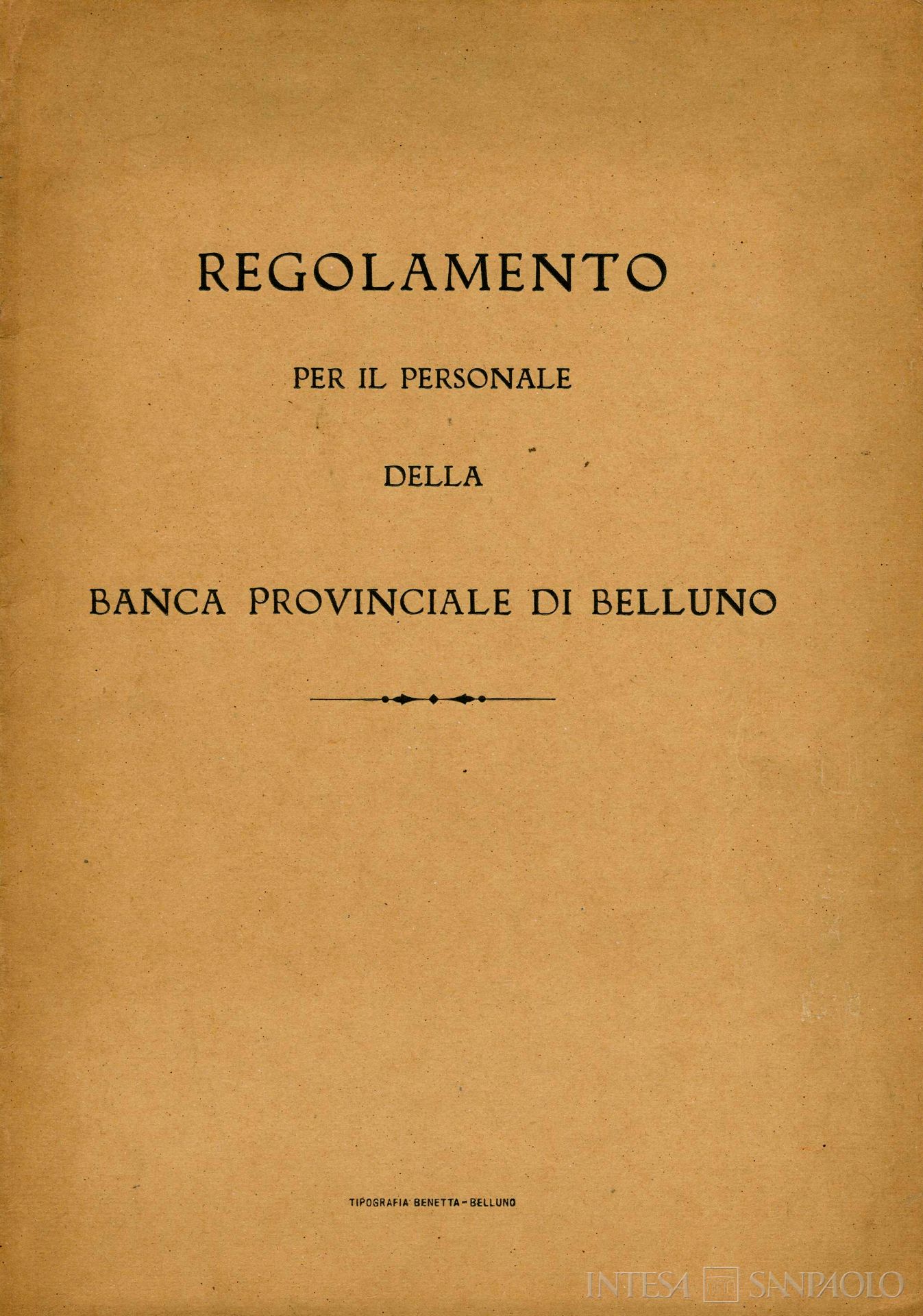 Banca Provinciale di Belluno, frontespizio del regolamento per il personale, 1928 circa
