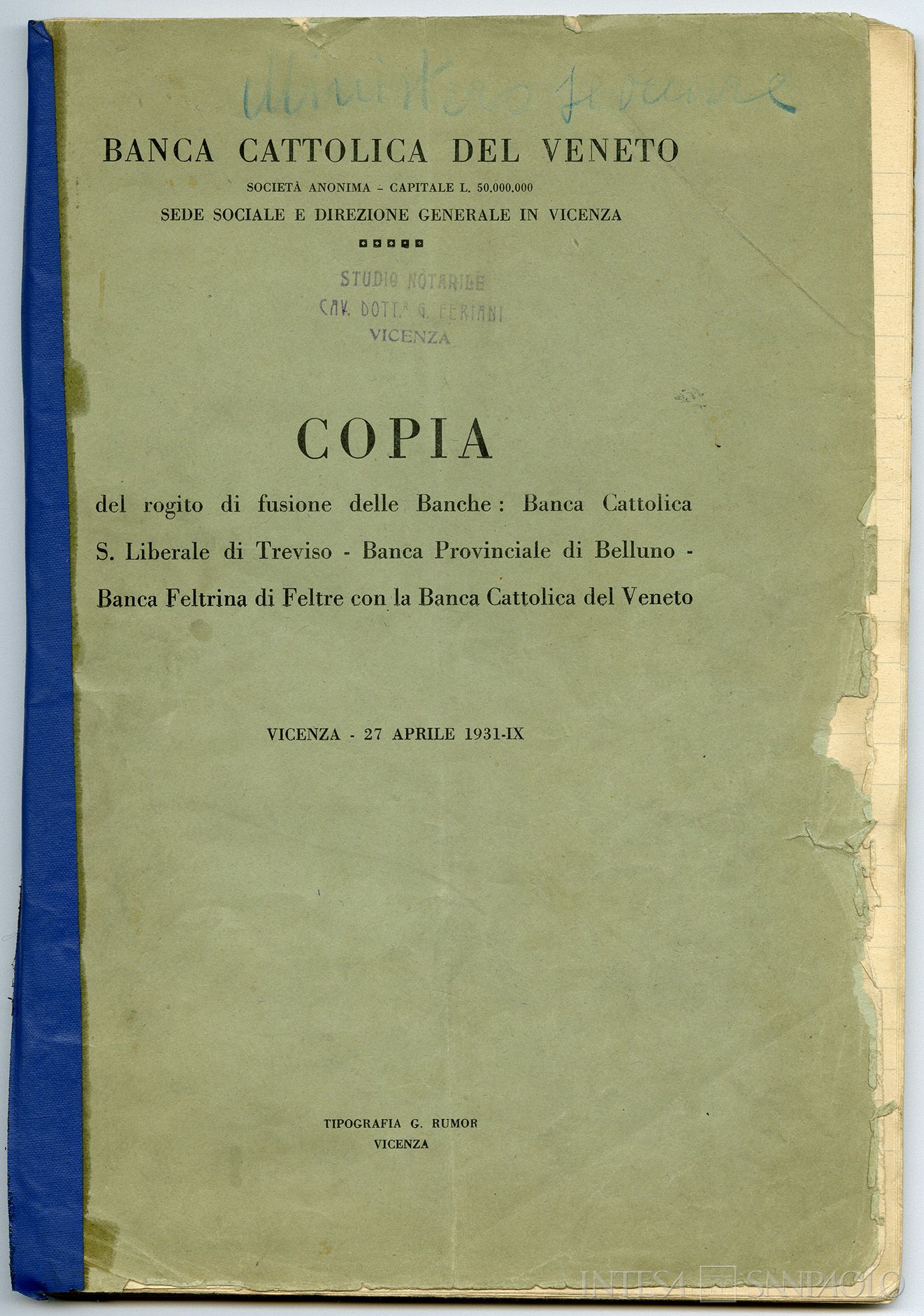 Banca Provinciale di Belluno, copia del rogito di fusione dell'Istituto con la Banca Cattolica del Veneto, 27 aprile 1931