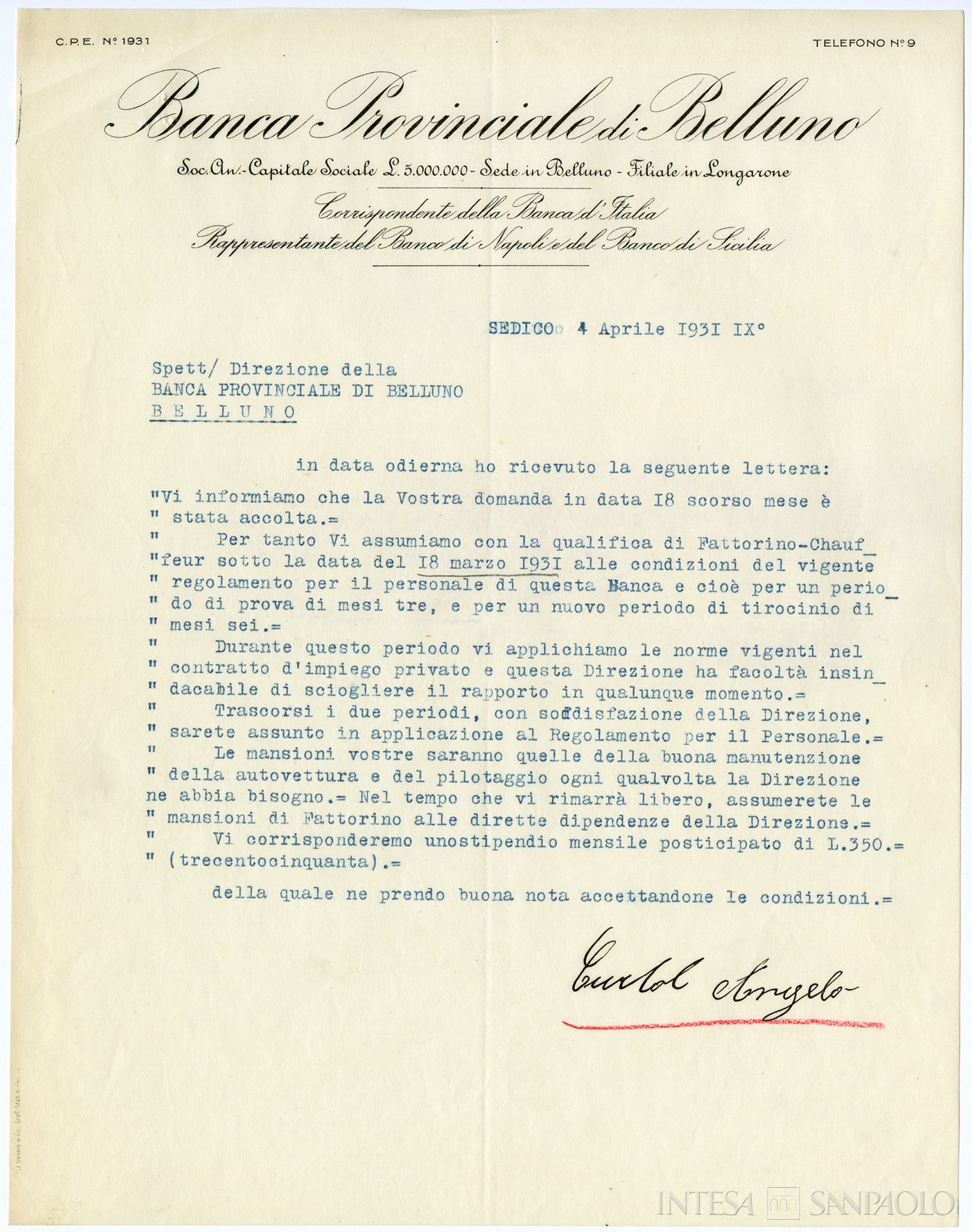 Banca Provinciale di Belluno, lettera di accettazione d'impiego per un fattorino-chauffeur, 4 aprile 1931