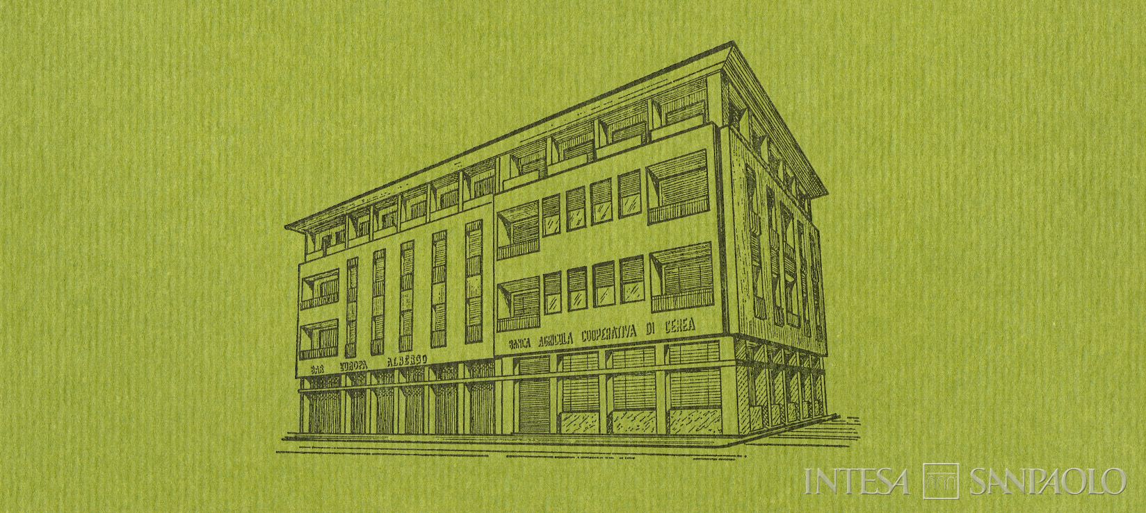 Banca Agricola Cooperativa di Cerea, raffigurazione della sede sul frontespizio di un opuscolo edito in occasione del cinquantenario dalla fondazione, 1972