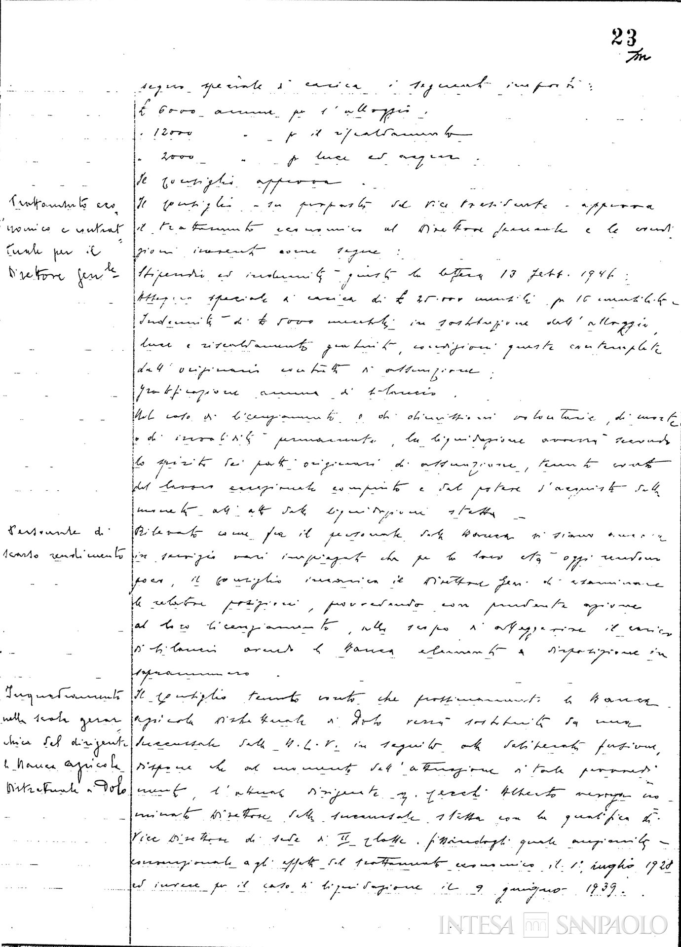 Banca Agricola Distrettuale, pagina estratta dai Verbali del Consiglio di Amministrazione della Banca Cattolica del Veneto dove si discute la posizione del dirigente dell'istituto in vista della sua fusione, 5 luglio 1946
